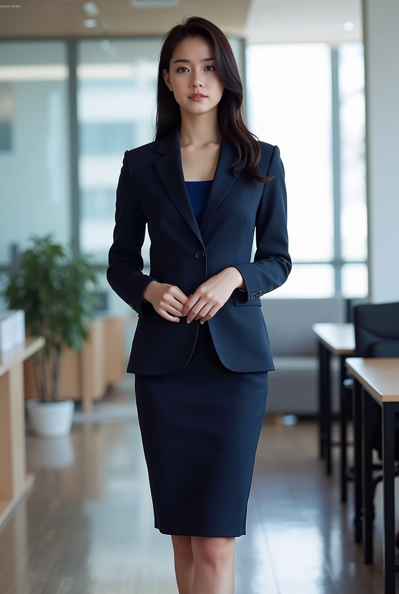masterpiece, 8k, photorealistic, beautiful Japanese woman, navy business skirt suit, full body, modern office, slender