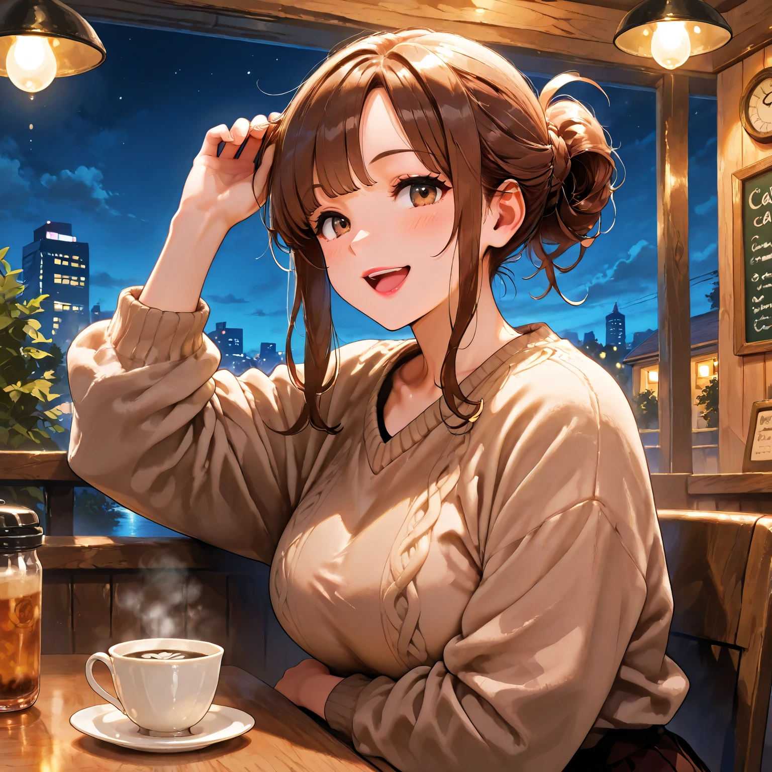 ((Highest quality)), ((masterpiece)), (detailed), One girl, Off-the-shoulder sweater, Relaxing in the park at night,Low - Angle