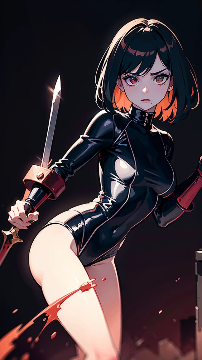 best quality, masterpiece, high definition, high resolution, 1girl, one-piece swimsuit, (wide hips:1.2), (bunny ears:1.2), simple red background, detailed face, (muscular female:0.8), cross, goth, emo, death_note,