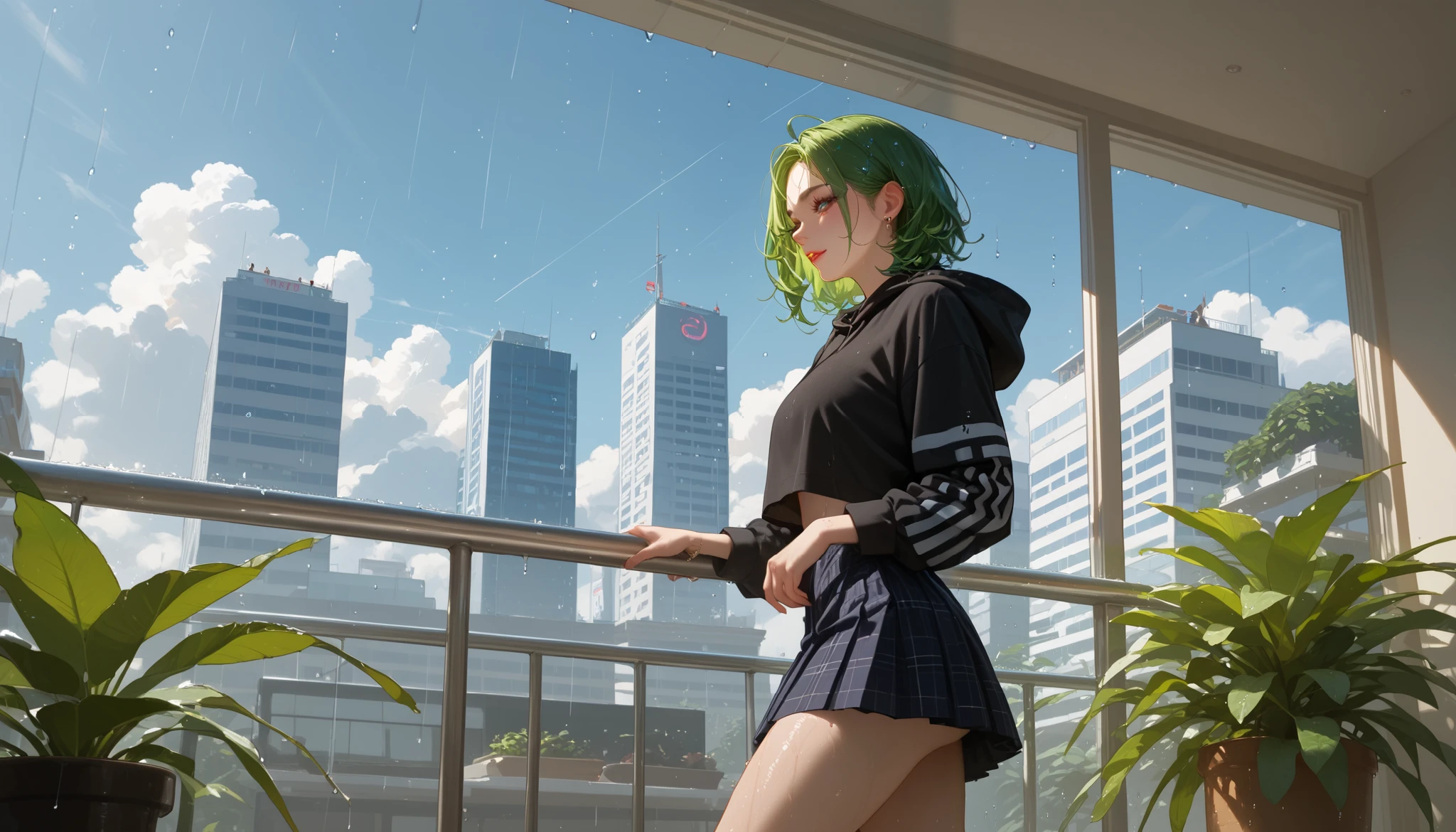 "A reflective woman standing on a glass balcony during twilight, wearing a lightweight skirt and a cropped hoodie. Her ombre green hair shimmers faintly under the dim, rainy sky. She gazes at the city below, where blurred neon lights and wet streets create a dreamy, melancholic atmosphere. The vibe is serene and introspective."