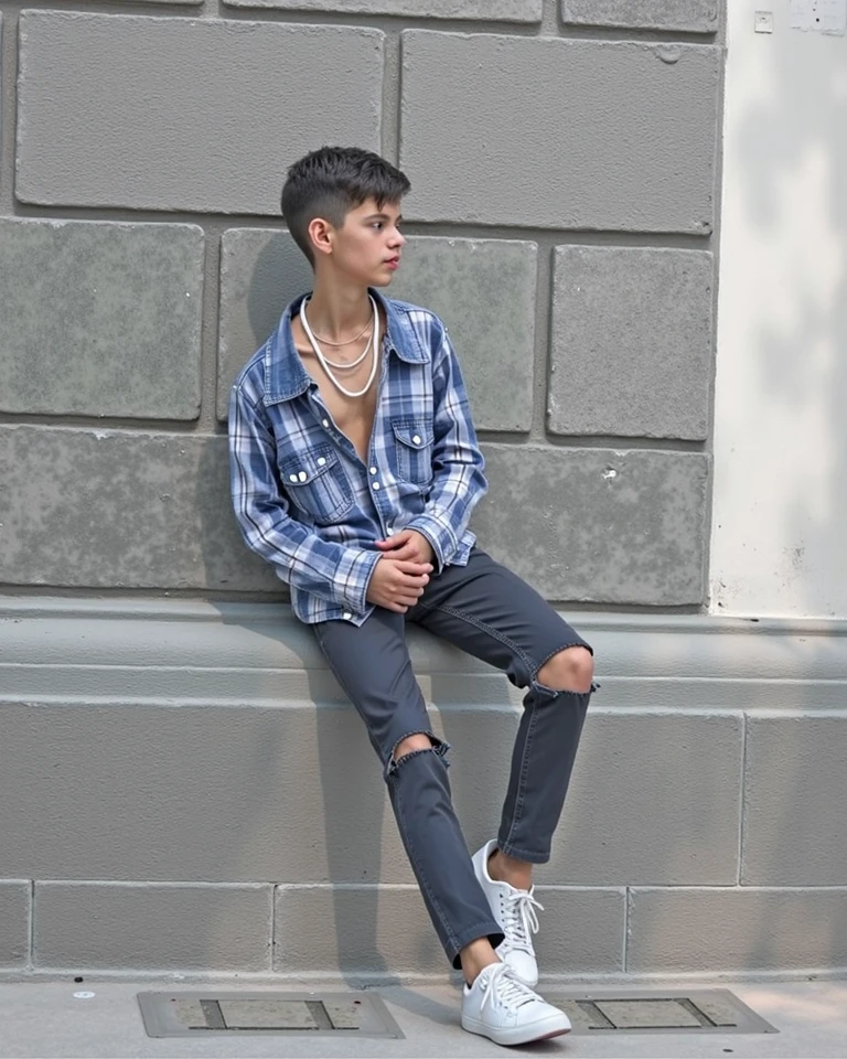 poor beggar boy wearing ripped shirt and ripped jeans