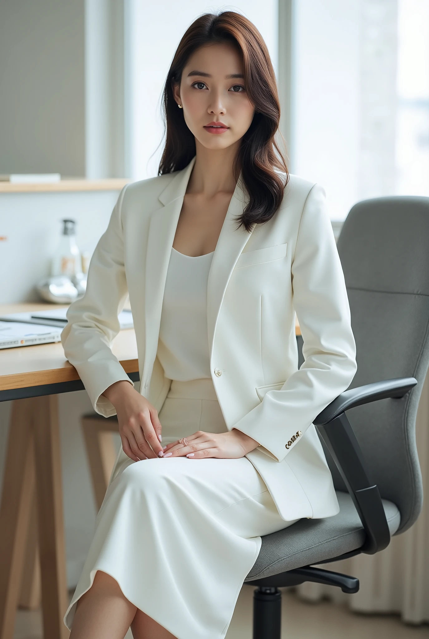 masterpiece, 8k, photorealistic, beautiful Japanese woman, white business skirt suit, full body, modern office, slender, maternal woman