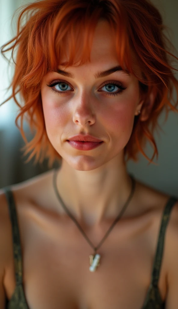(Close-up, editorial photograph of a 21 year old woman), (highly detailed face:1.4) (smile:0.7) (background inside dark, moody, private study:1.3) POV, by lee jeffries, nikon d850, film stock photograph ,4 kodak portra 400 ,camera f1.6 lens ,rich colors, hyper realistic ,lifelike texture, dramatic lighting , cinestill 800, wavy hair, messy hair, short hair, commander Shepard haircut, Mischievous smirk, Red hair, Blue Eyes, freckles, White Skin, black shirt, Sci Fi, Cyberpunk, Futurism, Mass Effect, Astral Plane, European expressions, European woman, European skin
