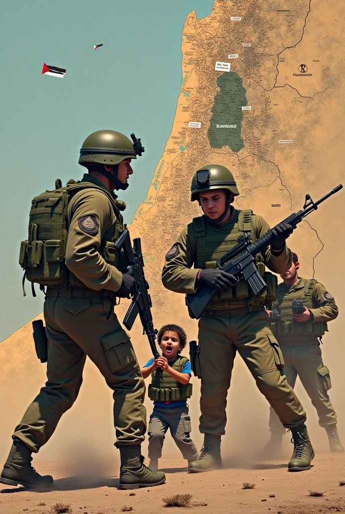 Draw a Israeli soldier with Israeli flag on his shoulder,  killing a Palestinian kid wit a flag 
