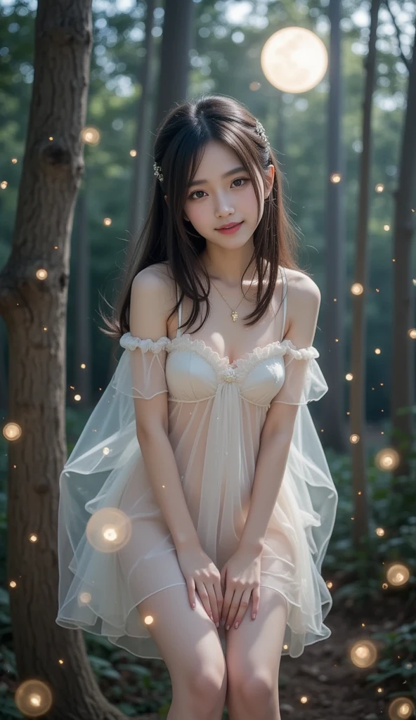 Art is、decorated with intricate patterns and bright colorlowing silky traditional oriental dress、It depicts a 20-year-old attractive woman wearing pink。Her dress draped elegantly over her curvaceous figure、Highlights her seductive silhouette。She stands gracefully on a quiet moonlit night、I was bathed in the soft light of the moonlight.。The scene is、With a mysterious and sexy touch、It exudes an ethereal dreamy atmosphere。Graphic style ilending watercolor and digital illustration techniques、It evokes a refined beauty and charm。The lights are filled with soft moonlight、Casting soft highlights and shadows on her charming featureare thigh、small tit、Three-dimensional facial features、enticing,You can see the panties.、A smile full of happiness、Taut、toned waist、Beautiful woman、Detailed beautiful female face、Big beautiful eyes, small and firm breasts
