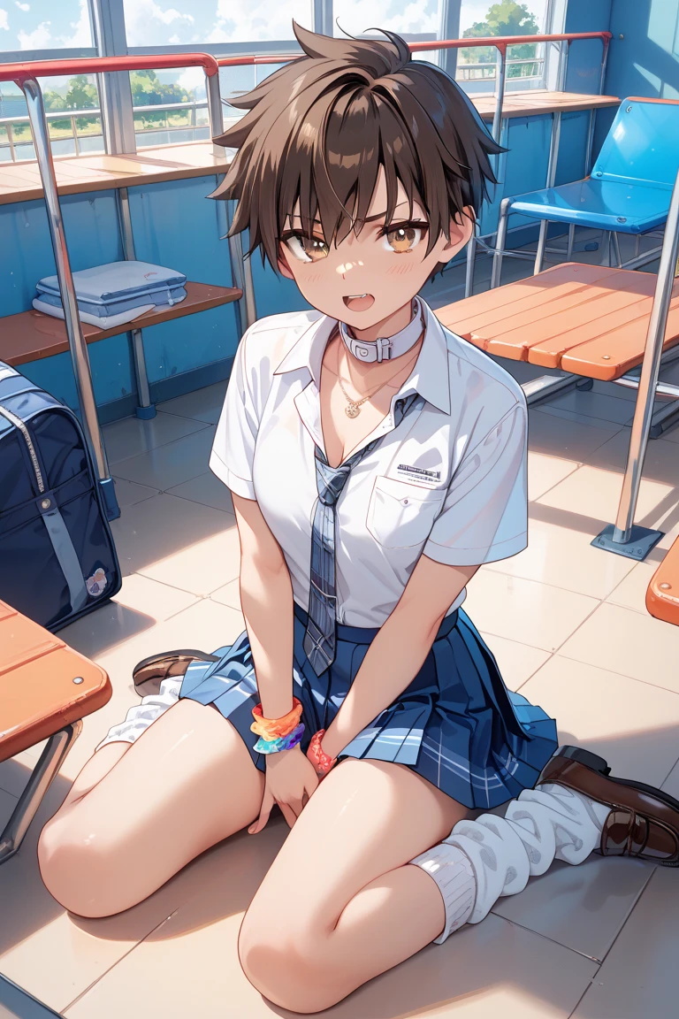 (bound arms, arms behind back, rope, bound legs:1.2), squatting, highres, highest quallity, illustration, ultra detailed, (detailed face), (detailed eyes), soft lighting, best quality, hyper detailed, masterpiece, looking at viewer, angry, open mouth, 1girl, solo, short hair, brown hair, school uniform, skirt, (colorful), shack, window, night,