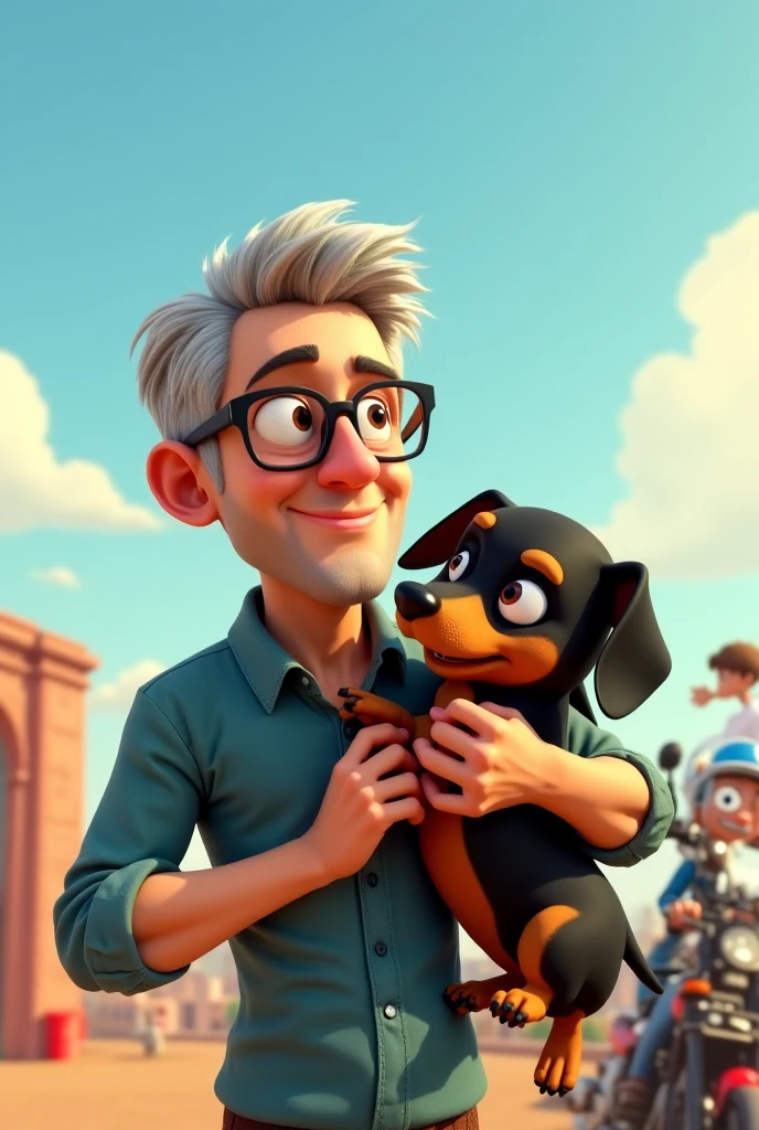 (best quality,ultra-detalhado,Realistic),Man hugging a Pug,34 anos,de pele escura,Tez marrom,bigode detalhado e restolho,wearing square glasses