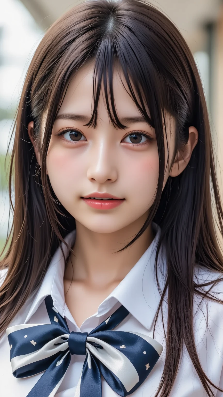 (highest quality:1.4), beautiful face, 8k, absurd, (student uniform,Show the whole body:1.4),Angle from the side、show your shoulders、violaces, gardenia, delicate girl, alone, looking at the viewer, film grain, chromatic aberration, sharp focus, face light, professional lighting, Sophisticated, (smile:0.4), No bra,underimple background, background bokeh:1.2), details face、fascinating,(huge breasts:1.6)
