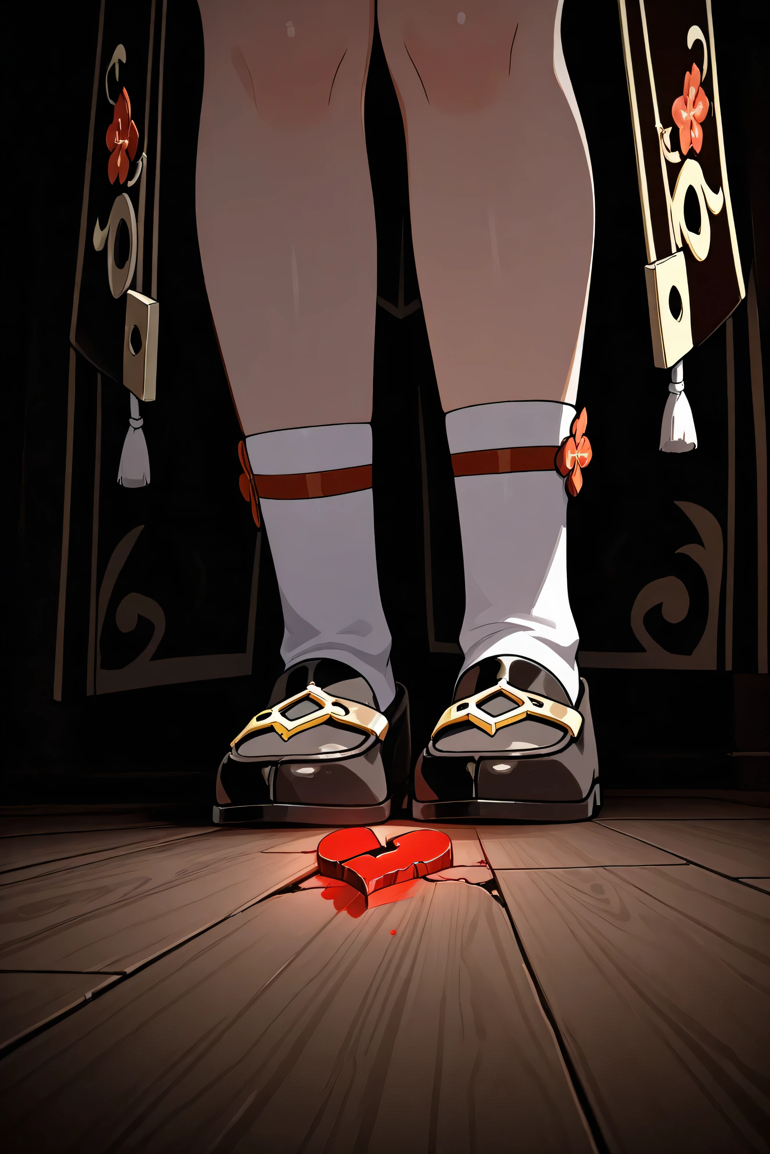 Hu tao,Sad, broken heart emote under the floor, looking down,micro,meme theme, bright light