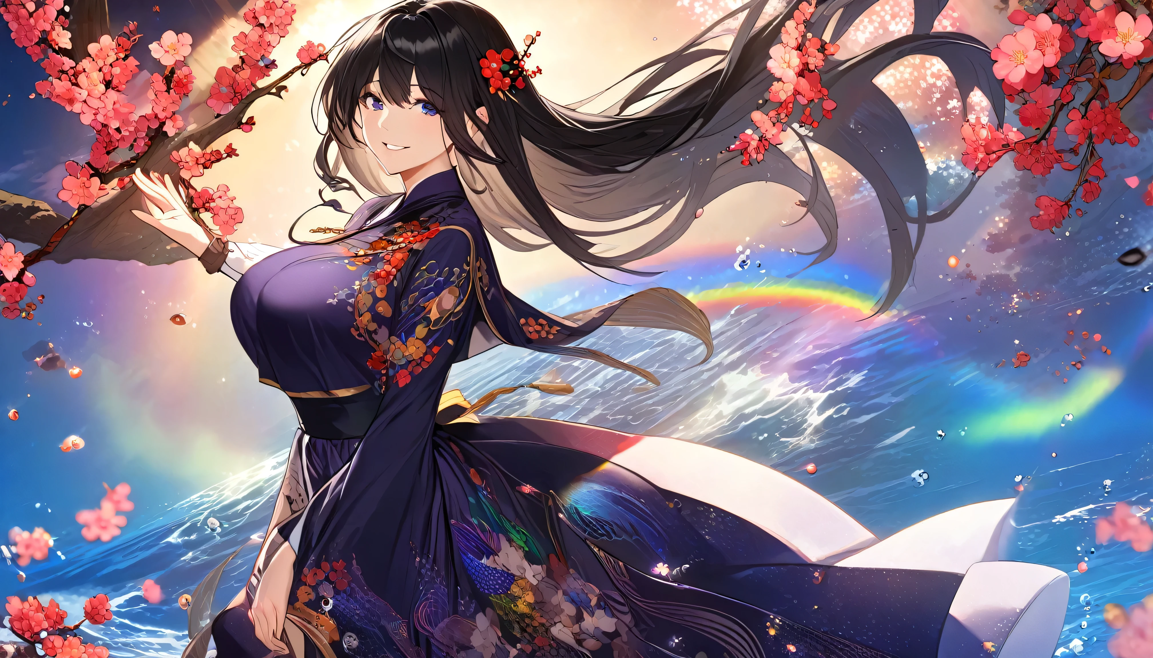 ((Make the background bigger:1.3)),((upper body:1.1)),(Above the waist), (1 girl), (standing) (black hair:1.2),( Smile),(Big Breasts:1.1) The background is full of spring plum trees,plum blossoms are in full bloom, Sunny,blue sky,Sun,Overall mysterious,beauty, A scene with an overwhelming sense of nobility ,full body,The breathtaking Korean idol, the beautiful goddess of the wind 、 She is wearing a costume with a delicately decorated fish motif 。she wears an elegant, flowing indigo dress that shines in rainbow colors,、and fine scale patterns and marine designs accentuate her connection to the sacred ocean。Her expression is mysterious 、 has a gaze that captivates the viewer 、 holds a beautifully decorated, magnificent spear in one hand 。 with long, jet black hair drifts gracefully underwater 、 sways fascinatingly as if she were dancing a celestial dance