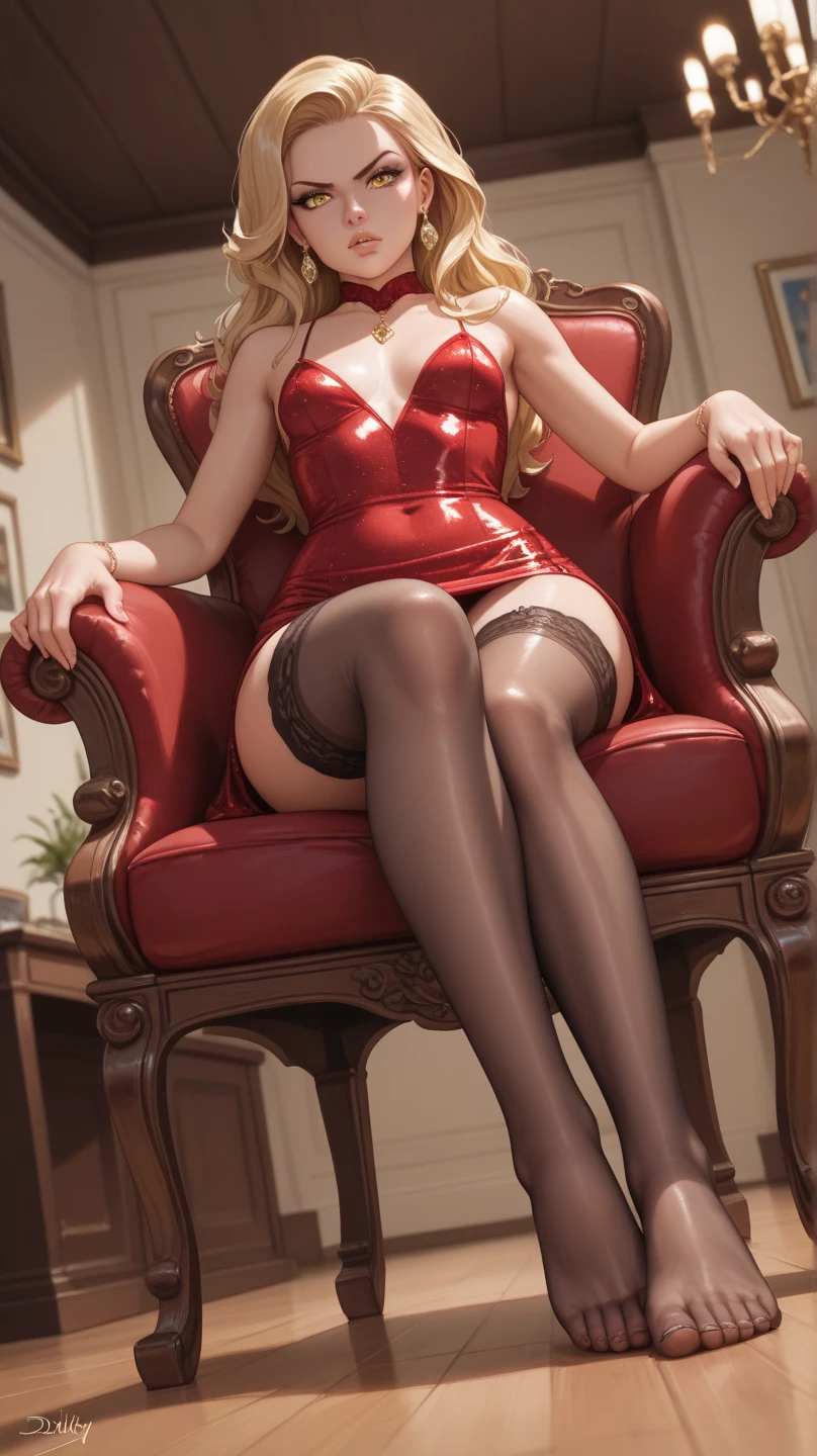 ((masterpiece、highest quality))、detailed face、blonde beauty、sexy belarusian model、Sexy blue eyes、wearing a red leather suit、big breasts、cleavage、Sexy tight mini skirt、depth、1 girl、Symmatic lighting、red high heels、sexy woman、Sexy beautiful legs、beautiful legs focus、Attractive beautiful legs、Sexy Pantyhose、Naughty pantyhose、garter belt、セクシーなred high heels、ルブタンのセクシーなred high heels、smile、Sit on a chair with your legs crossed in a sexy way、Naughty paws