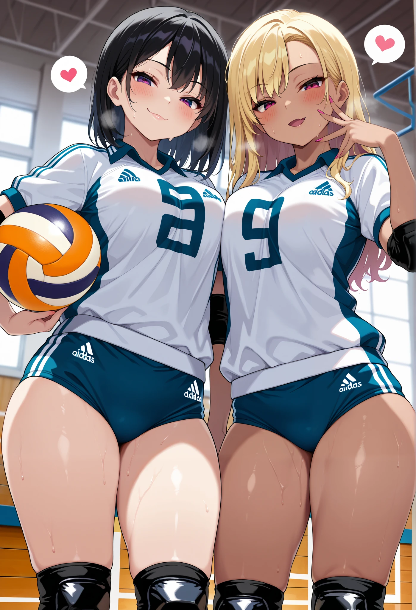 masterpiece, best quality, amazing quality, perfect anatomy, 2girls, gyaru, (holding ball:1.4),(seductive pose:1.4), (sexy pose:1.4), thick thighs, adidas, Collared volleyball uniforms, (buruma:1.4), volleyball knee pads, elbow sleeve, (old Full spherical 8.5" volleyball ball:1.4), (blush:1.4), camel toe, (chubby:0.8), curvy, (sweat, Covered in sweat, covered in perspiration:1,4), (deep breathing:1.2), spoken heart, in Uninhabited gymnasium, cowboy shot, vivid colors, detailed lips, highly detailed sports uniform, soft focus background, (seductive smile, embarrassed expression:1.4), medium breasts, volleyball uniform, elbow pads, elbow sleeve, knee pads, Buruma, (Matching uniforms:1.4), mesugaki,from below, smile, looking at viewer, blush, hand up, skin fang,