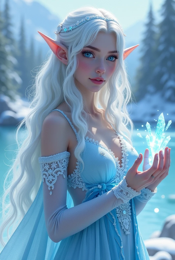 A cute ice elf woman with blue skin, deep blue eyes, pointy ears, waist length pale hair, wearing a sapphire sequin sparkling sheer night gown, inspecting her ice sculpture flower garden in a snow landscape at twilight, (best quality,4k,8k,highres,masterpiece:1.2),ultra-detailed,(realistic,photorealistic,photo-realistic:1.37),detailed ice sculpture flowers,snowy landscape,ethereal lighting,fantasy,magical,cinematic