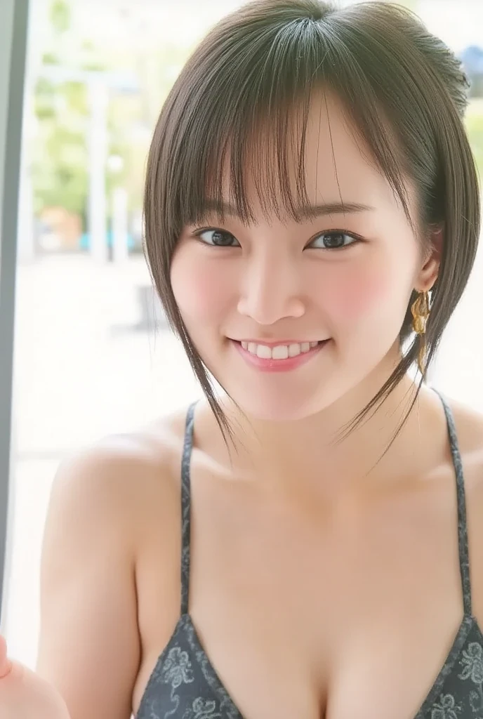 ((highest quality、8K resolution、master masterpiece、portrait:1.3)), Photoreal, 35mm film, 1 Japanese female,Beautiful woman, On the street in the daytime, wrinkles around the eyes, plump body,smile,((micro bikini:1.3)) , (city street: 1.3), jumbled background,look at the audience