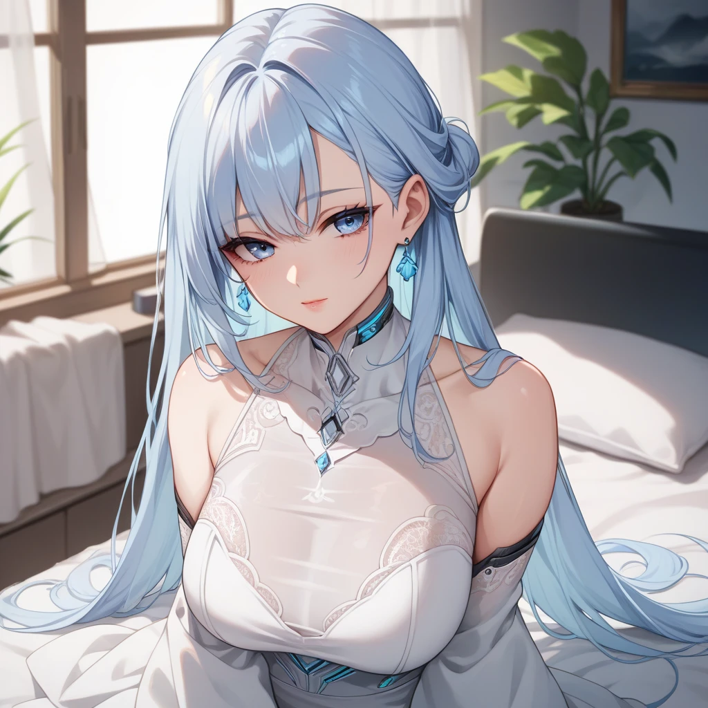 Best quality, 8k, in bed, silver hair, black shirt and no bra, anime visual of a cute girl, cute expressive face, still from anime, hard breast, lustful face