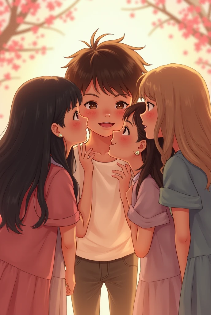 A boy getting kissed by many white girls