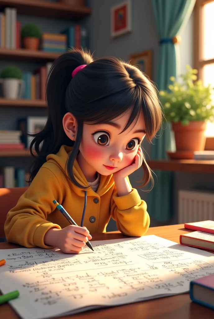 A pixar style image of an eleven year old girl cleaning a yellow book with eyes glasses mustache mouth with paper