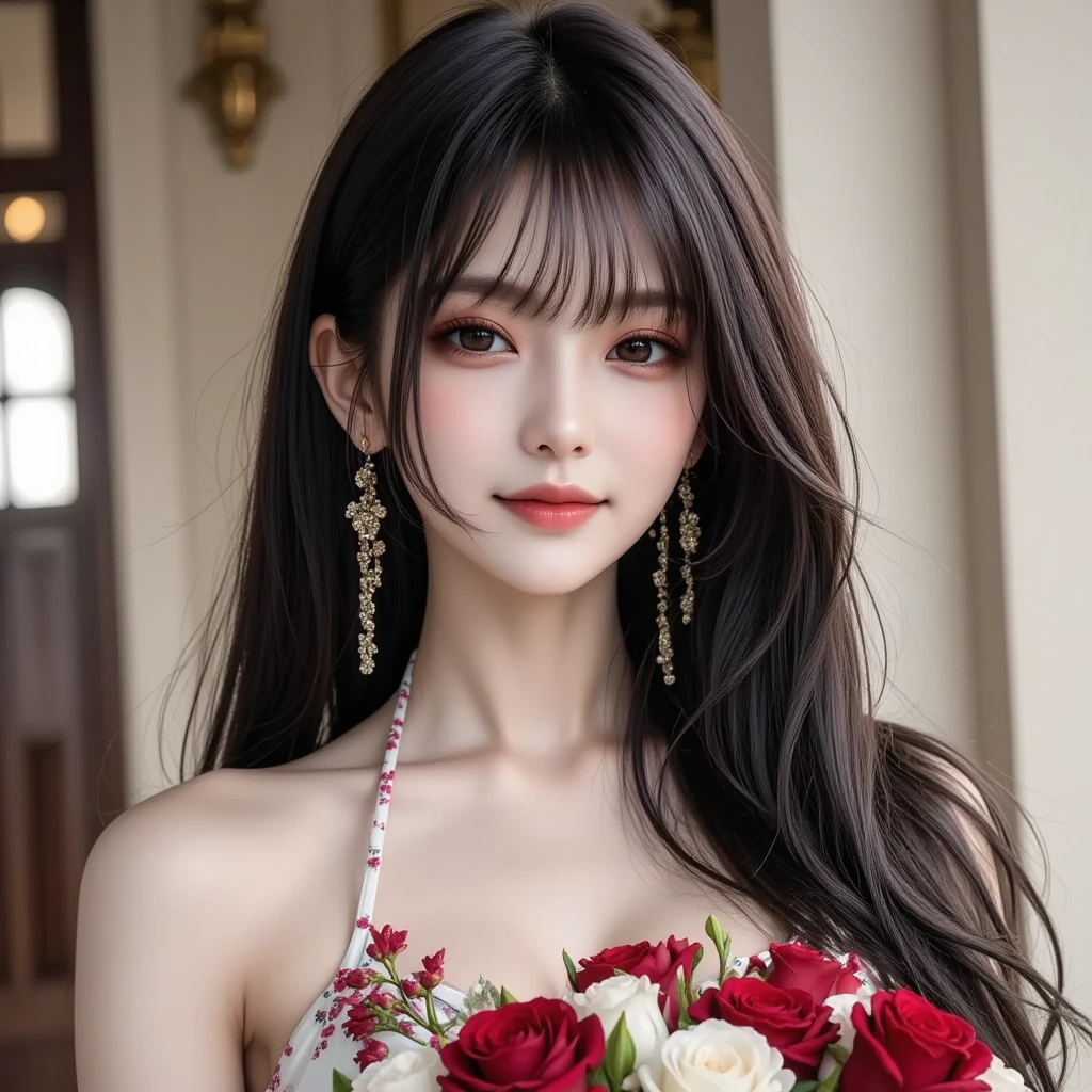 One girl walking in the city、mix、Full body image 、No underwear、s lips、Opening Mouth、Outstanding style、Slim body、medium udder、realisitic、a picture_\(Curly\)、独奏、(​masterpiece)、(Photorealsitic:1.3)、ultra-detailliert、(high detal)The skin:1.2)、(top-quality:1.0)、(超A high resolution:1.0)、(Orchan-6500:0.3)、Wavy detailed hair、length hair、rays of sunshine、(Beautiful detailed makeup)、(sexual excitement、red blush、Rough breathing:1.0) )、Studded flower themed petals、(soft glow bloom:0.5)