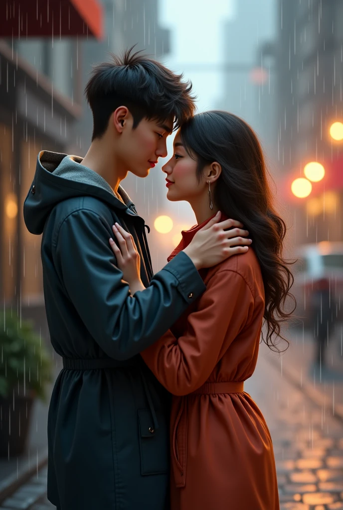 Intimate, high-quality photograph of a (couple:1.2) in the (rain:1.1), (dramatic lighting:1.1), romantic, passionate, intricately detailed clothing, (drenched:1.1) with (shimmering droplets:1.1), city background, Sony Alpha 7R IV camera, digital photograph, f/2.8 lens, warm tones, creamy bokeh, hyper-realistic lifelike texture, trending on social media