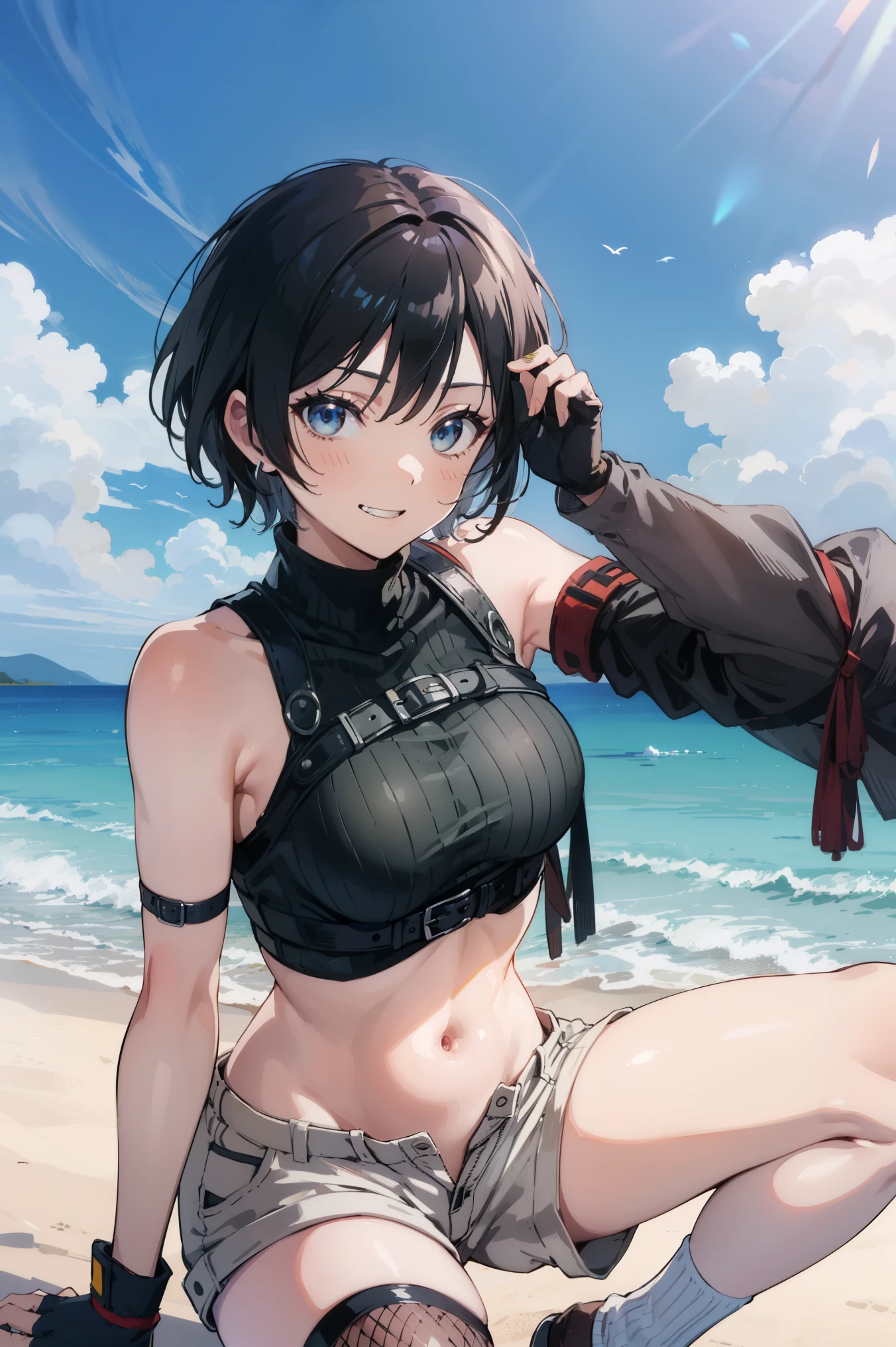 yuffiekisaragi, Yuffie Kisaragi,Haircuts, pixie cut,
壊す crop top, fingerless gloves, fishnet Thighhighs, fishnet, forehead protector, gloves, head band, belly button, short shorts, shorts, single sleeve, single thigh high, No sleeve, No sleeve turtleneck, Thighhighs, turtleneck,
bench、blue sky、smile, solo,rising_leg ,apart_legs