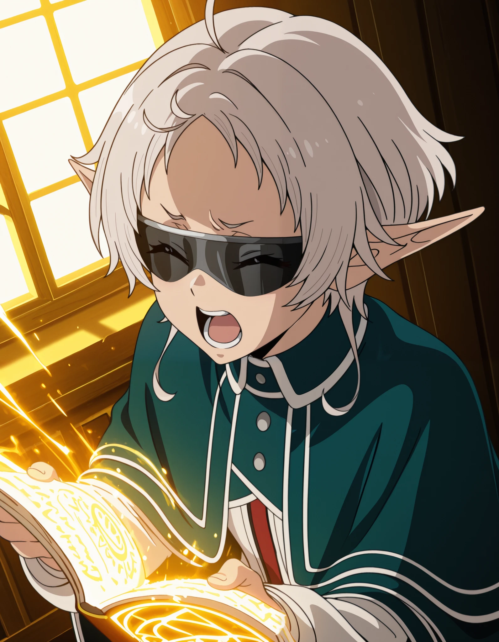 masterpiece, best quality, amazing quality,, sylphiette, short hair, ahoge, white hair, pointy ears, elf, mature female, anime screencap, uniform, shirt, white shirt, solo, sunglasses, capelet, cape, window, reading, long sleeves, uniform, shirt, white shirt, (((dutch angle))), pain, screaming, shouting, mouth opened, yelling, looking up, ((((close up)))), closed eyes, ((magic spell)), ((light)), high contrast, warm light