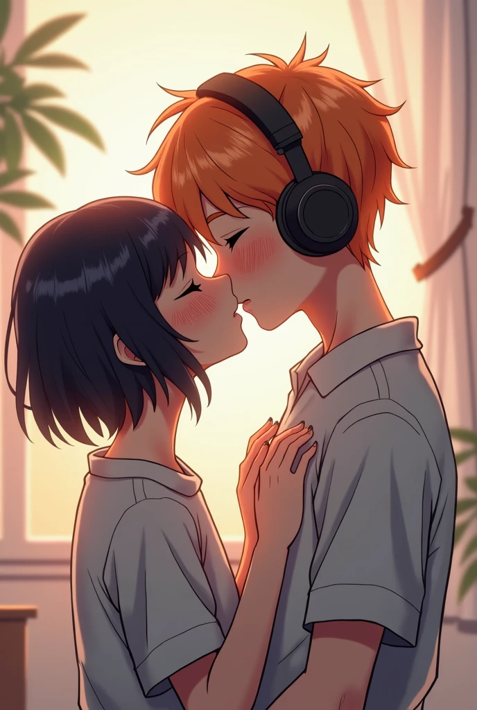 Short black haired girl kissing on the mouth a medium long orange haired boy with headphones. Both with their eyes closed and kissing on the mouth.anime style