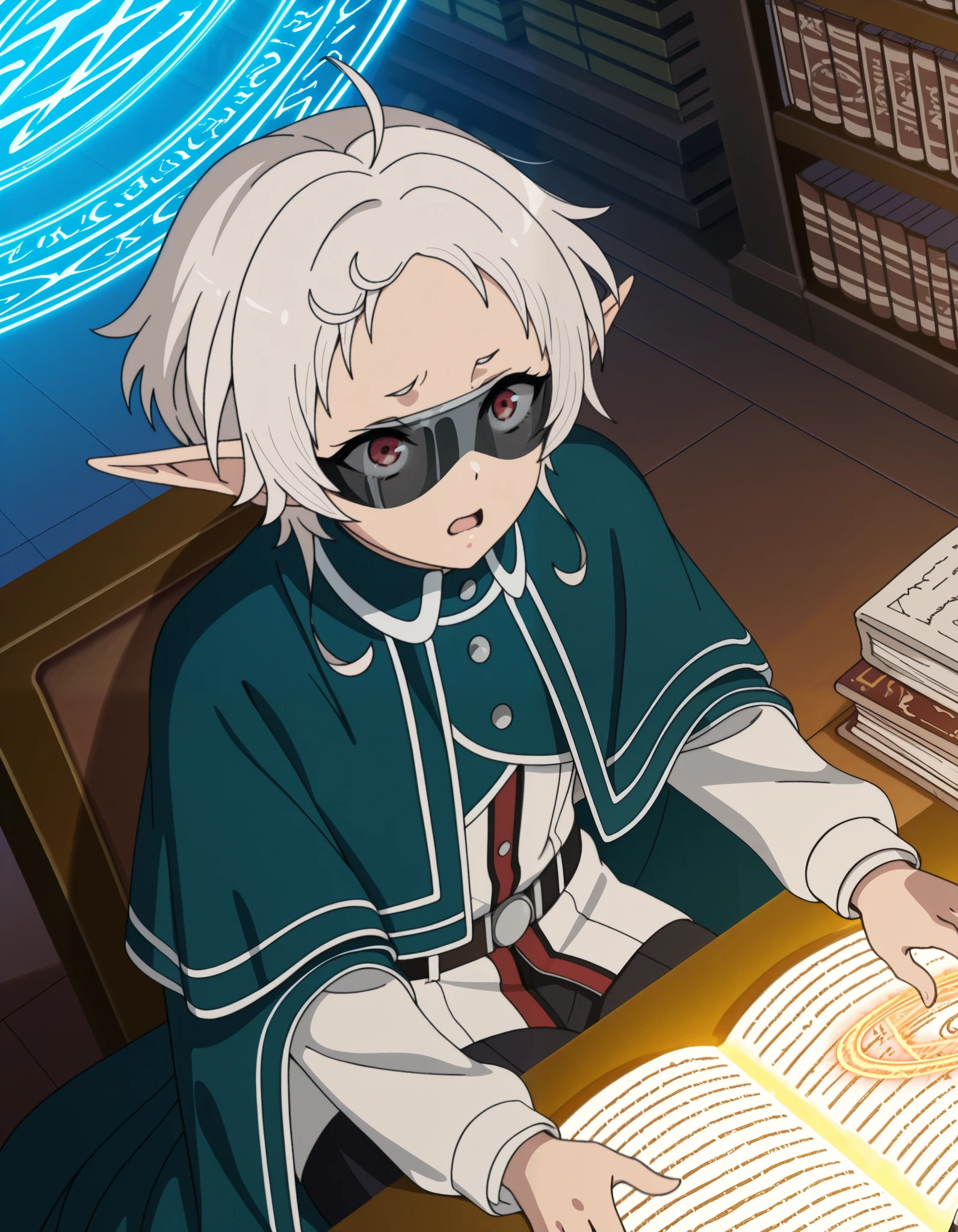 masterpiece, best quality, amazing quality,, sylphiette, short hair, ahoge, white hair, pointy ears, elf, red eyes, mature female, anime screencap, long sleeves, uniform, shirt, white shirt, university, parted lips, solo, cowboy shot, solo, sunglasses, capelet, cape, window, reading,
long sleeves, uniform, shirt, white shirt, (((dutch angle))), sitting, desk, library, (piles of books), studying, front, from above, pain, screaming, shouting, mouth opened, yelling, looking up, ((magic ring)), ((((light circle)))), ((light)), ((magic spell))