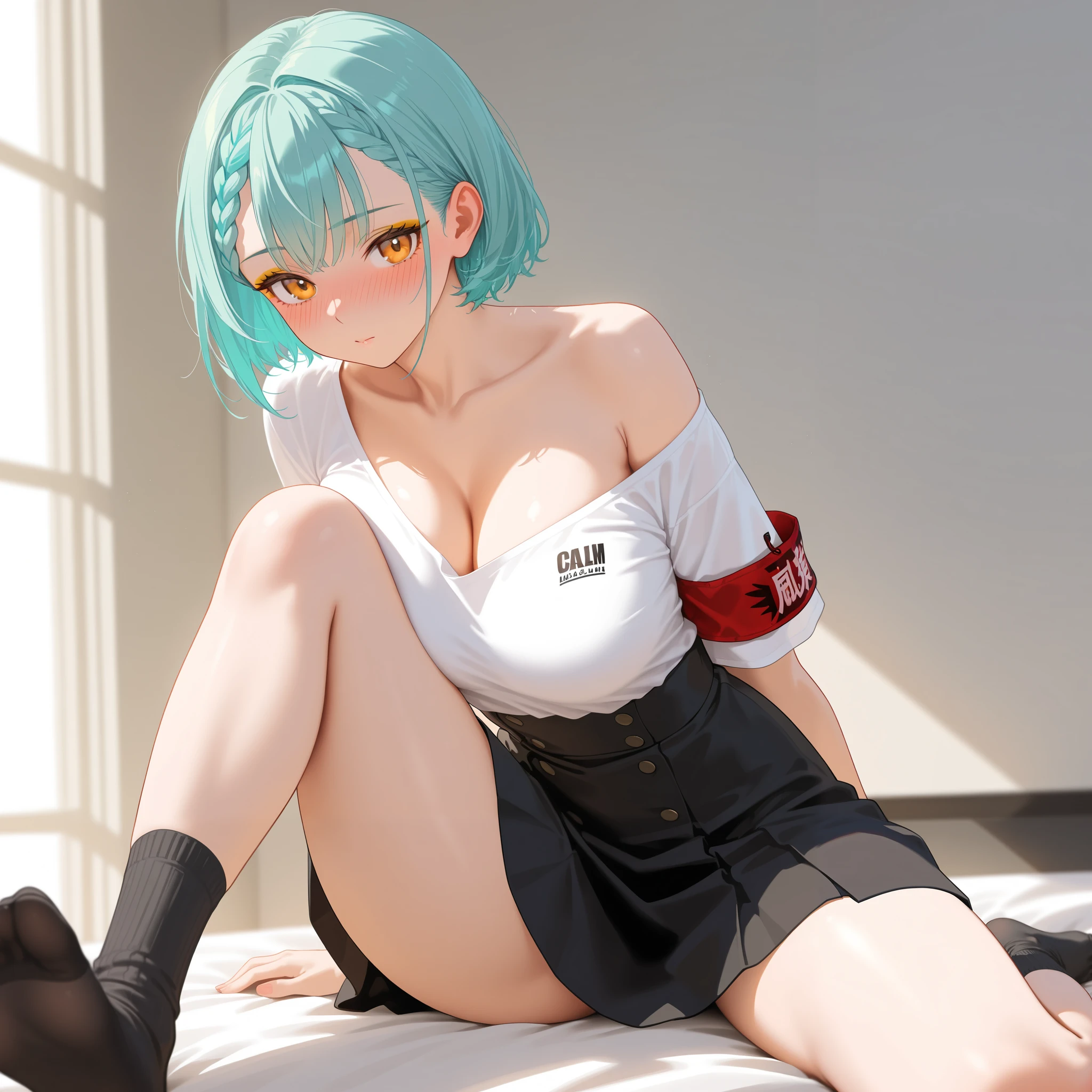 (top-quality、in 8K、32K, (Masterpiece, Slim Body, Delicate Fingers: 1.2), Best Quality, (Illustration: 1.2), (Hyper Detail), Eye Focus, Ultra Detail, (Fine Detail), (Intricate Detail), HDR, (Ultra Detail: 1.15), (Soft Light: 1.2), (1 girls), Wear, ((ribbed sweater), (sports bra) , (Miniskirt), (White hair and blue highlights),cyan eyes, teenager, embarrassed face, medium, short hair, solo, multicolored hair, ahoge, (medium breasts:1.2), high quality, best quality, full body image,