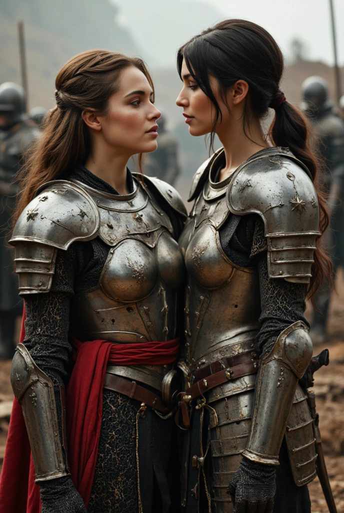 masterpiece, best quality, ,4k,8k,highres 2 girl with a mean face smedevil knight in armour facial scars and blood facing each other in a rap battle