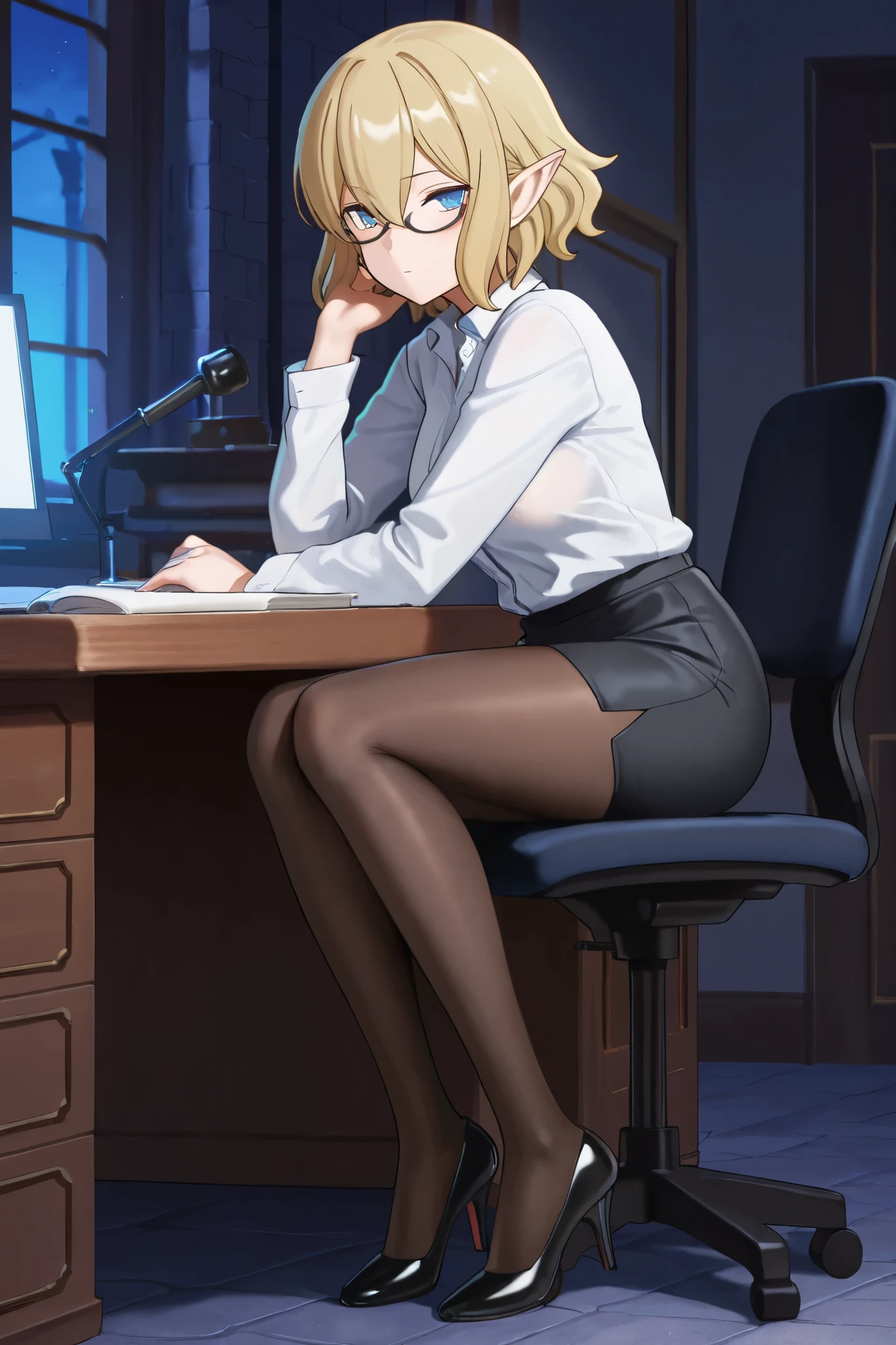 NSFW,masterpiece,best quality,high resolution,very detailed,Ryuu Lion(is it wrong to try to meet someone in a dungeon),short hair、blond hair、hair between his eyes、pointed ears、blue eyes, dress shirt,pencil skirt,pantyhose,high heels,glasses,Office at night,desk,document