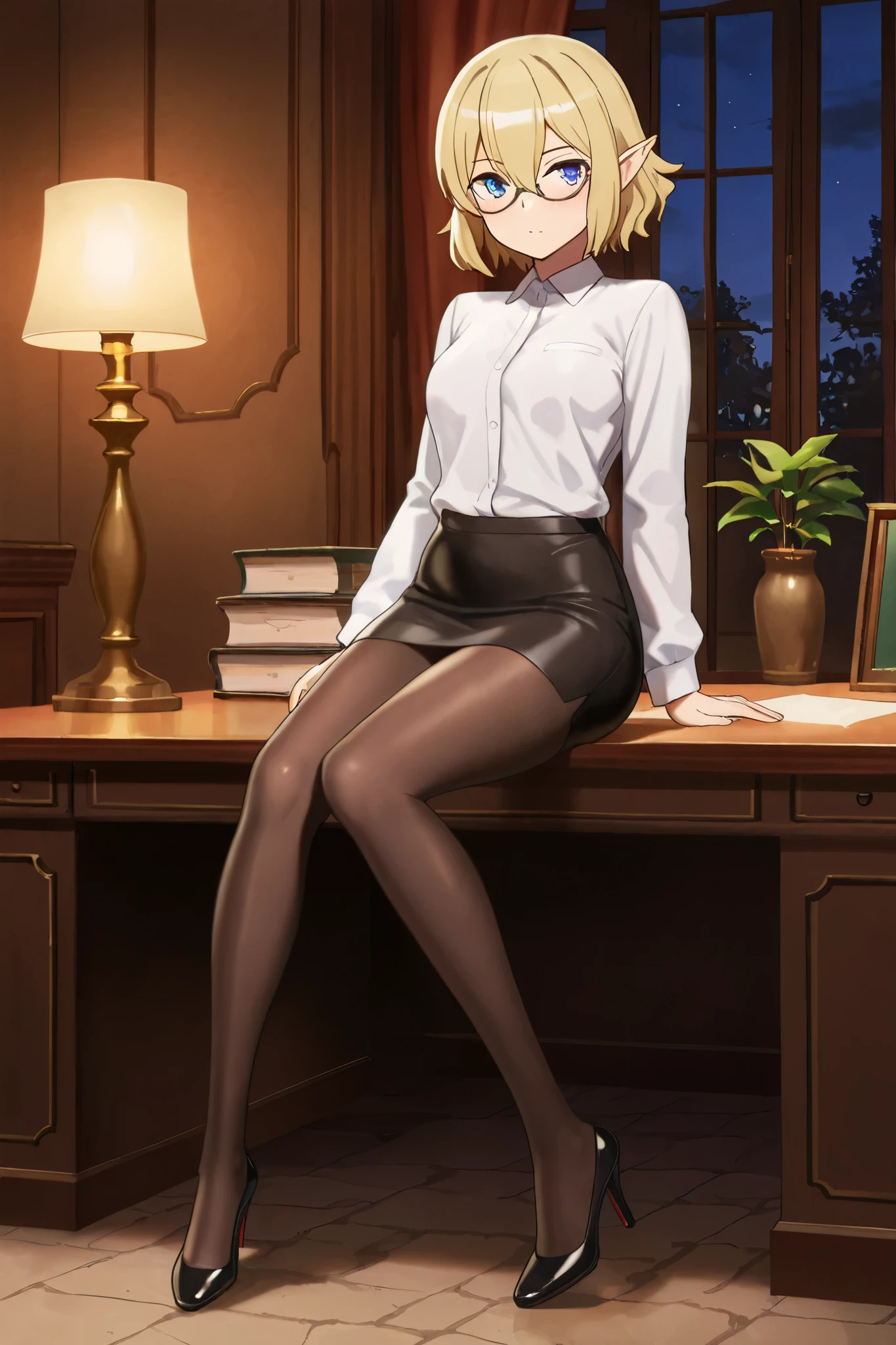 NSFW,masterpiece,best quality,high resolution,very detailed,Ryuu Lion(is it wrong to try to meet someone in a dungeon),short hair、blond hair、hair between his eyes、pointed ears、blue eyes, dress shirt,pencil skirt,pantyhose,high heels,glasses,Office at night,desk,document