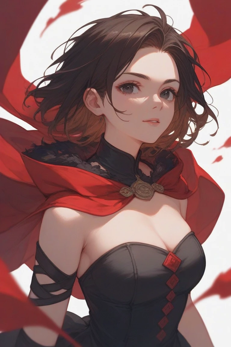 A beautiful detailed portrait of Ruby Rose from RWBY, with striking silver eyes, perfectly shaped lips, and long eyelashes, wearing a red cloak and combat outfit, in a dynamic action pose, surrounded by rose petals, epic cinematic lighting, highly detailed, extremely realistic, 8k, photorealistic, masterpiece