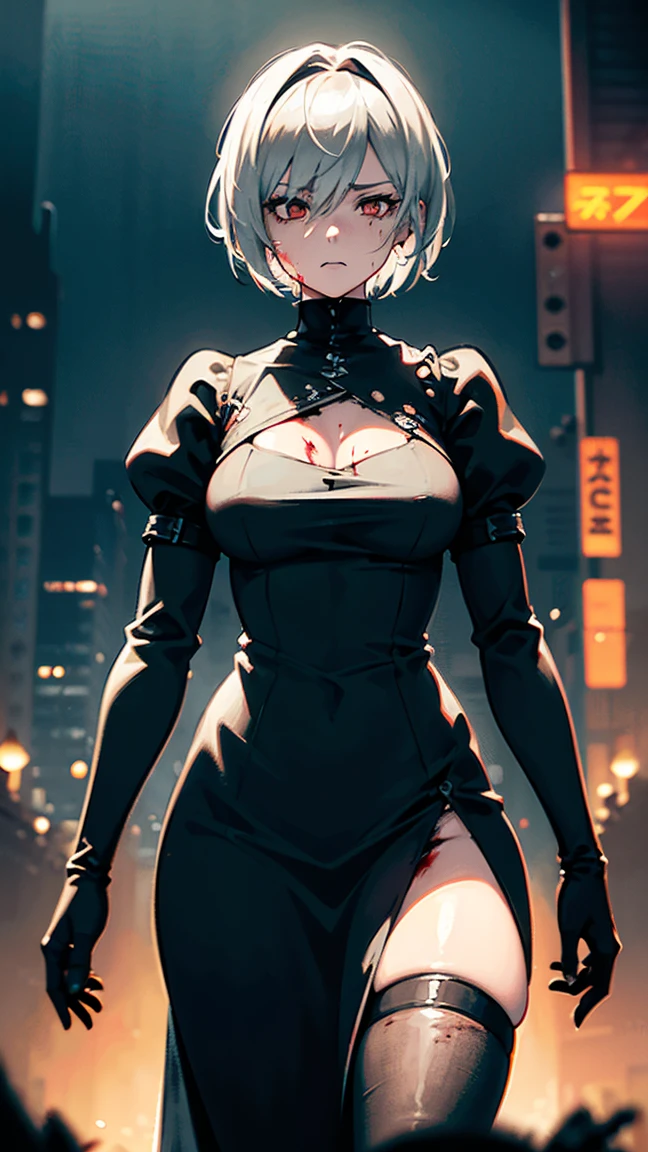 Yorha2b, masterpiece, (photorealistic: 1.4), full body from head to toe top quality, beautiful lighting, 1 girl, mother, (blindfolded)), breasts, cleavage, hair band, hi-res, juliet sleeves, long sleeves, nier automata, red lips (puffy sleeves), shading face, short hair, solo, turtleneck, upper body, gray hair, Sky RAW Photography, 8K UHD, Film Grain, nsfw, red cheeks, wet t-shirt, sweaty,