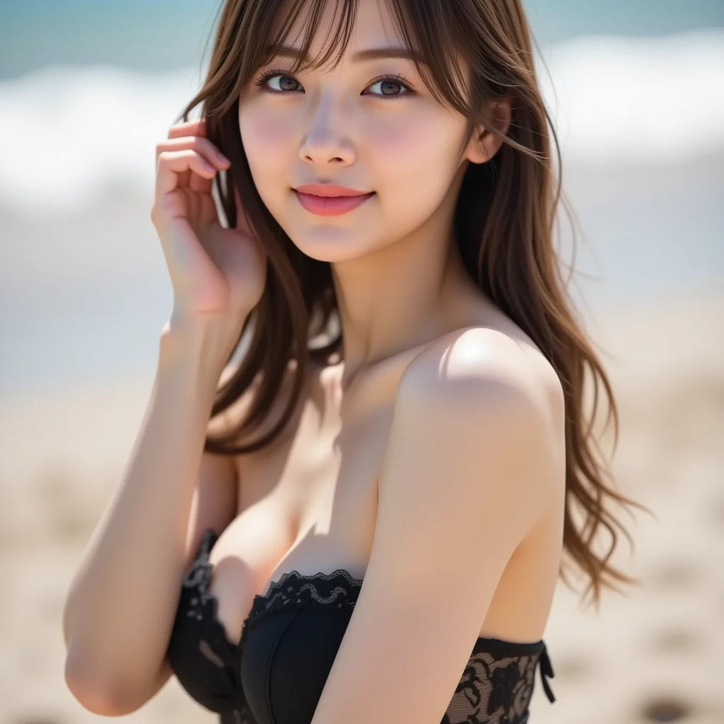 masutepiece, Best Quality, Illustration, Ultra-detailed, finely detail, hight resolution, 8K Wallpaper, Perfect dynamic composition, Beautiful detailed eyes, she is wearing a white bikini swimsuit,Medium Hair,Natural Color Lip, Bold sexy poses,Smile,Harajuku、20 years girl、Cute、Sexy shot looking at camera、C Cup、Brown hair、cacique#39;s face、Blurred private beach background