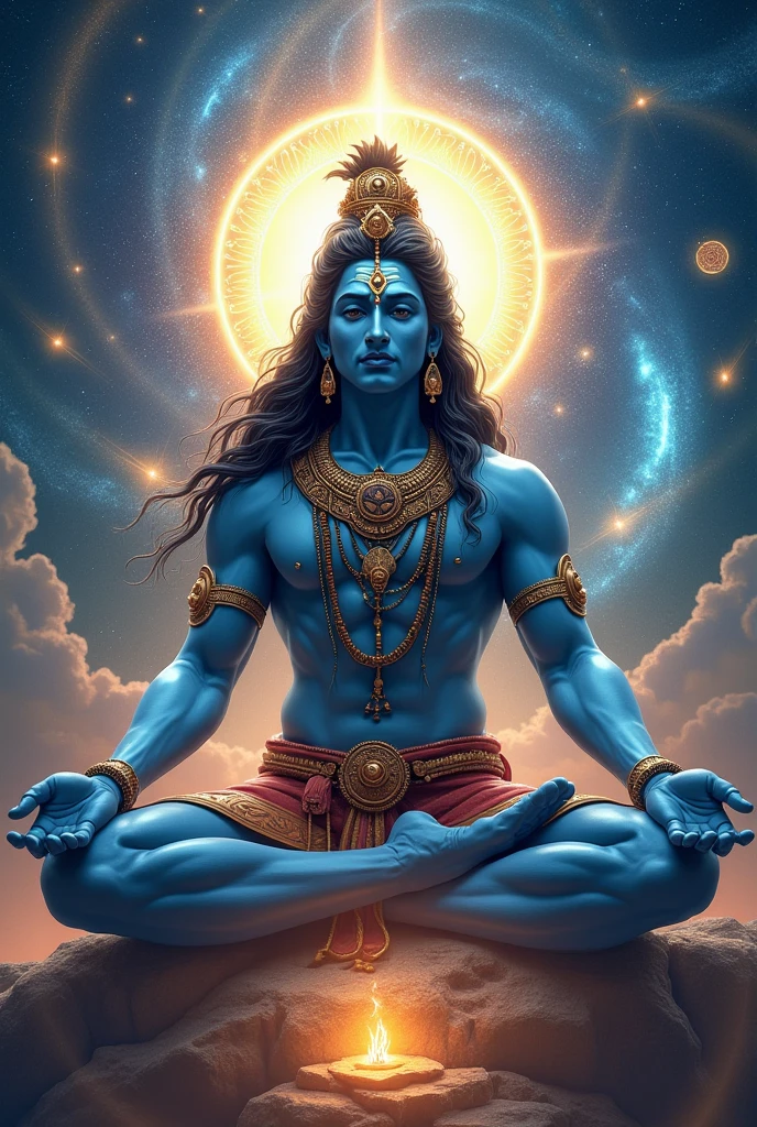 Shiv ji photo , muscular , well proportioned body , God aura , 4K ultra HD wallpaper , beautiful detailed colours , natural beautiful background , a mesmering wallpaper , beautiful sky blue colours skin , with trishool , bright colours , shiv ji sitting in nature meditation , show shiv full not crop him , shiv ji must be little thick not very ripped