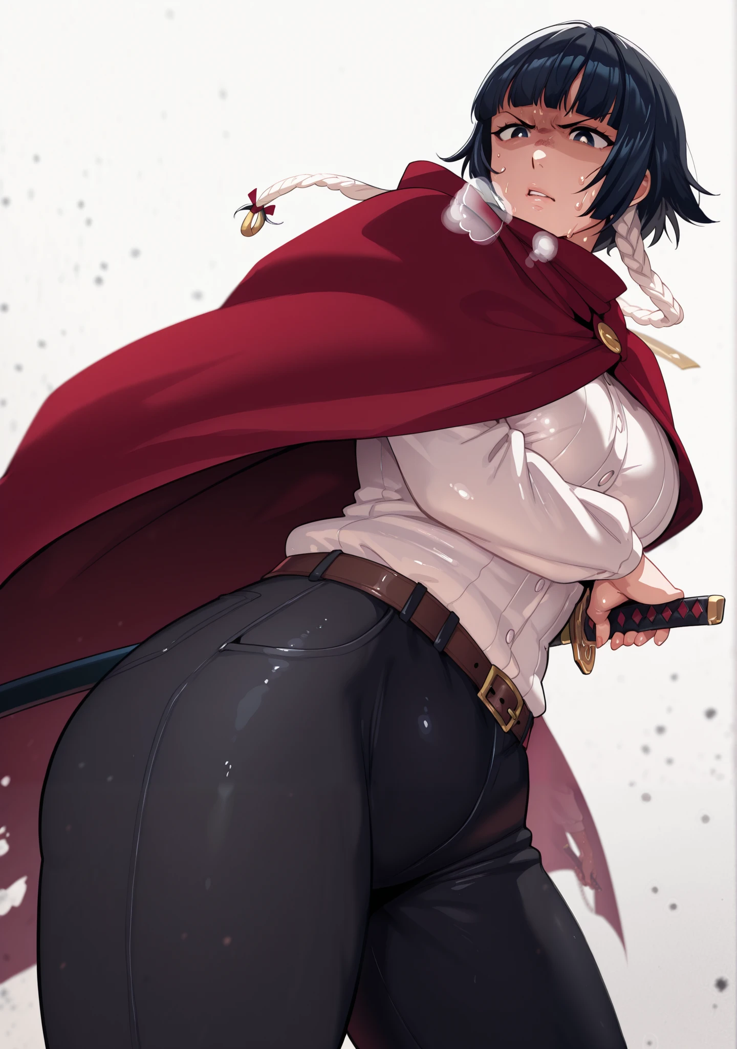 perfect eyes, perfect fingers, gasping, heavy breathing, excessive sweating, sweating, sweating profusely, gasping profusely, cinematic, ((skindentation)), ((curvy)), black hair, short hair with long locks, black eyes, blunt bangs, hair rings, twin braids, bright pupils, plump, BREAK anime-style, anime coloring, cgi, Hand drawn, cinematic, Sharp focus, humorous illustration, big depth of field, Masterpiece, concept art, trending on artstation, Vivid colors, Simplified style, trending on ArtStation, trending on CGSociety, Intricate, Vibrant colors, Soft Shading, Simplistic Features, Sharp Angles, Playful, excessive sweating, sweating profusely, sweating drop BREAK, 1girl, solo, weapon, sword, sheath, shirt, pants, cape, white_shirt, holding_sword, holding_weapon, ribbon, holding, looking_at_viewer, belt, katana, glaring, cloak, sheathed, black_pants, wide-eyes, looking down, shaded face, long_sleeves, ((dusty))