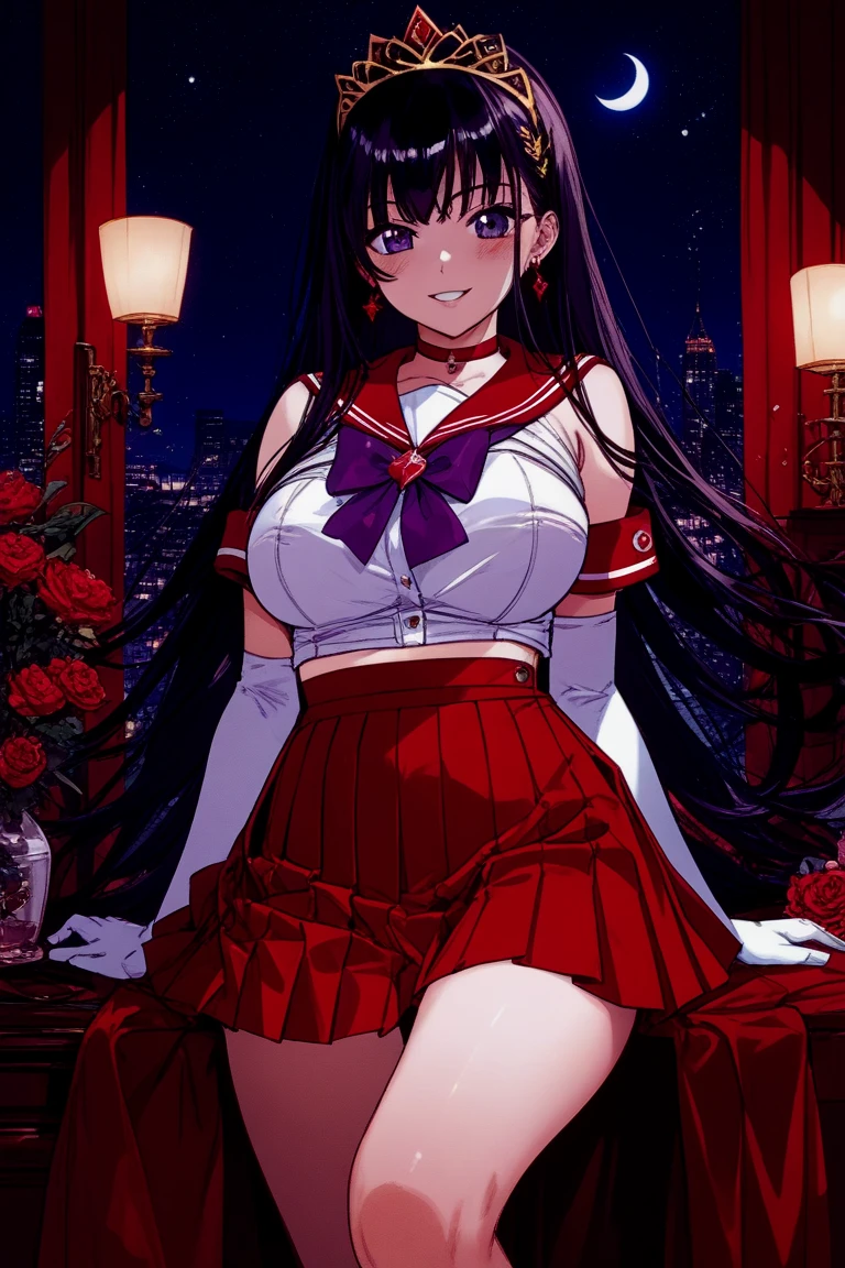 (Masterpiece), Best Quality, ultra-detailed, 1girl (SMMars, Slender and sexy body, lovely breasts, dark skin, black hair, very long hair, red eyes, half-closed eyes), evil face, smirk, parted lips, mascara, full makeup, black eyeshadow, red lipstick, solo, facing viewer, looking at viewer, black latex leotard, cleavage, purple pleats skirt,  ultra mini skirt, elbow gloves, skull, skull brooch,jewelry,purple bow, purple choker, red gemstone, purple sailor collar, shirt, short sleeves , full moon, outdoor, fog, standing, Sexy waist teasing,  love  juice flows out of her pussy 