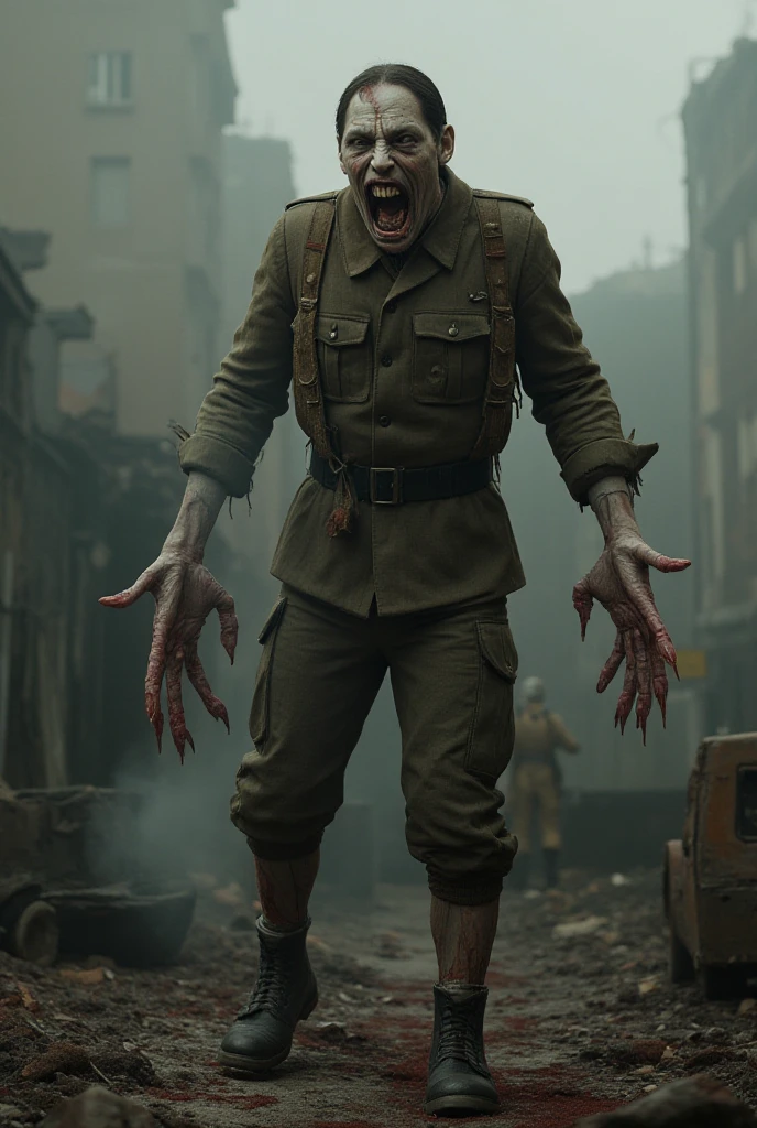 Make me a runner zombie chase a british empire soldier, the soldier hold a sabre