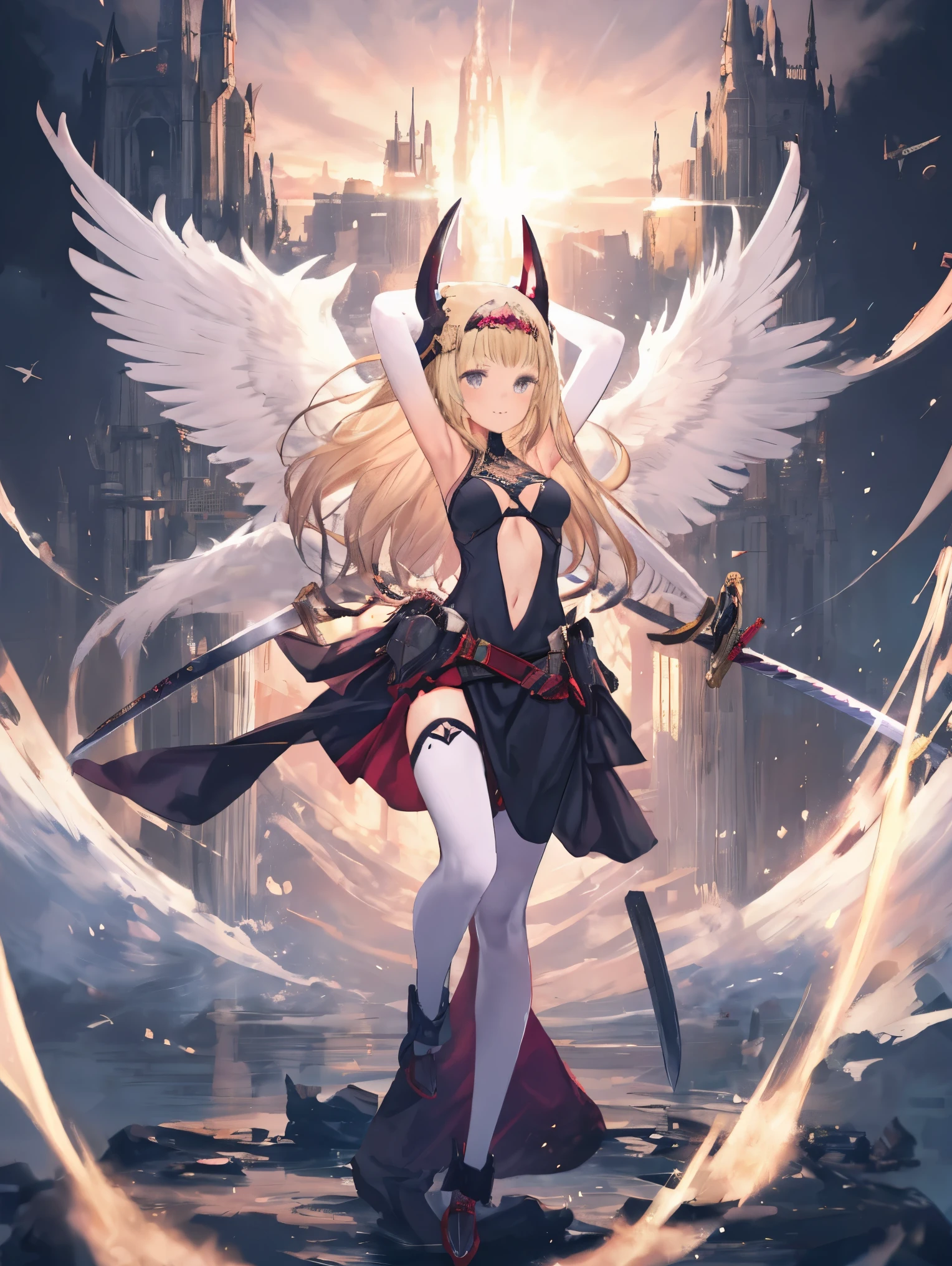 fantasy, 1devil_girl, low_teen, platina_blond_hair,long_bangs,, bare_shoulder, navel out, thighhighs,silver_armor, white_clothes,waist_armor, Glebe, hold_swords, medium_breasts, dynamic_flying_pose,Floating, (1pair_wings:1.2),(pelvic_curtain:1.3), silver_Headgear ,looking_down_at_sunrise_city_sky_background,,slightly_spread_legs, some_swords,some_swords_floating_around_the_girl,solo,horn ,smile,,open_legs,open_arms,rise_knee,rise_leg,rise_thigh,rise_leg,forward_leaning_posture,apart_legs,