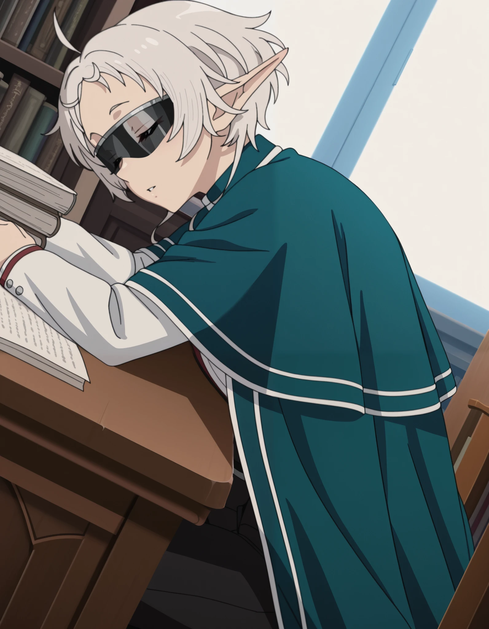masterpiece, best quality, amazing quality,, sylphiette, short hair, ahoge, white hair, pointy ears, elf, closed eyes, mature female, anime screencap, long sleeves, uniform, shirt, white shirt, university, parted lips, solo, cowboy shot, solo, sunglasses, capelet, cape, window,
long sleeves, uniform, shirt, white shirt, (((dutch angle))), sitting, desk, library, (piles of books), sleeping on desk, sitting, sleeping, indoors, closed eyes, from side, cowboy shot, chair