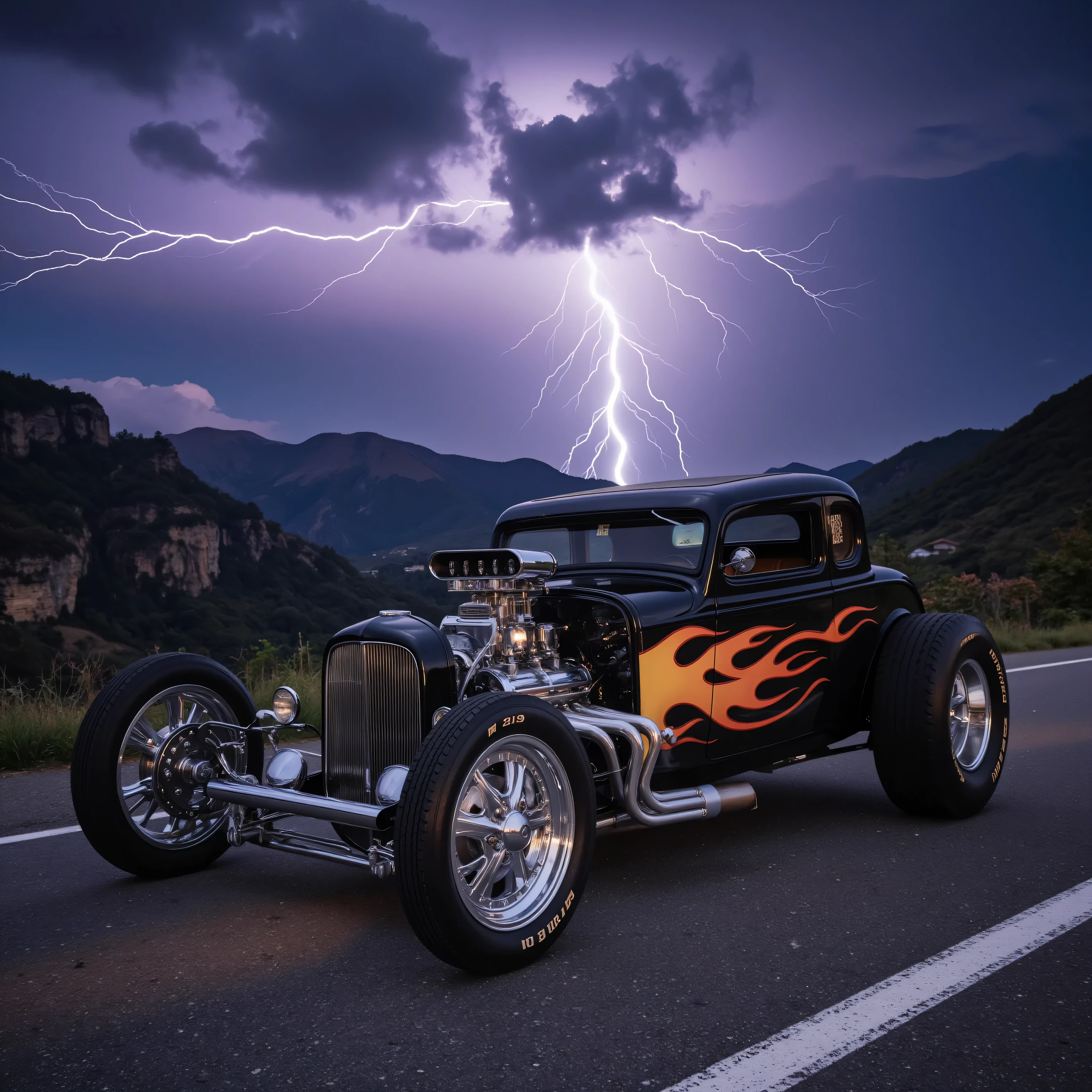 Create a photo-realistic, vintage, coupe 37, custom dragster vehicle. The dragster has monstrous oversized tires in the rear with chrome rims. The car has custom flames. The design has numerous chrome features. The body color is black and chrome. The background is a lightning storm with an explosive display of beautiful, thunderstorm-accented, colorful sky. The landscape contains mountain cliffs and a filled road.