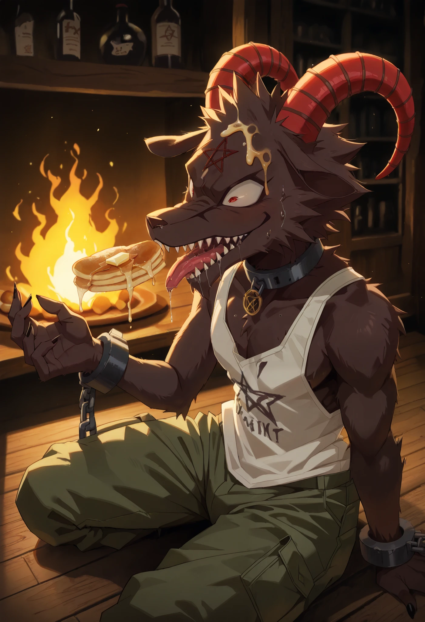 [🥞] [GrimV1♂️] [ Grrr!💢] [#Anime] [#Character] [#Manga] [Experimenting LoRa Model] - masterpiece quality, masterful, mythical, epic, extreme, explosive, beautiful, kawaii, (by skweekers), dark room, wooden plank_floor, slight_side view, solo, male, GrimV1, anthro, dark furs, red curved horn, red pentagram on forehead, long_snout, large pupil, detail eyes, express cute_grumpy, wearing green cargo pants, oversize shirt, hungry saliva drool, pancake on forehead placed, hungry, costume_chained magic_chains, tiedup, magic glowing_collar, motion line, realistic_pancake, pancake_dripping, (female_human, disembodied_hand feeding pancake),