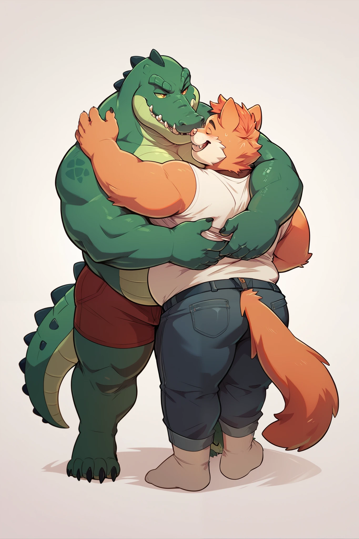 anthro crocodile, and anthro cat, hugging, full body, slightly overweight, 2 people, 