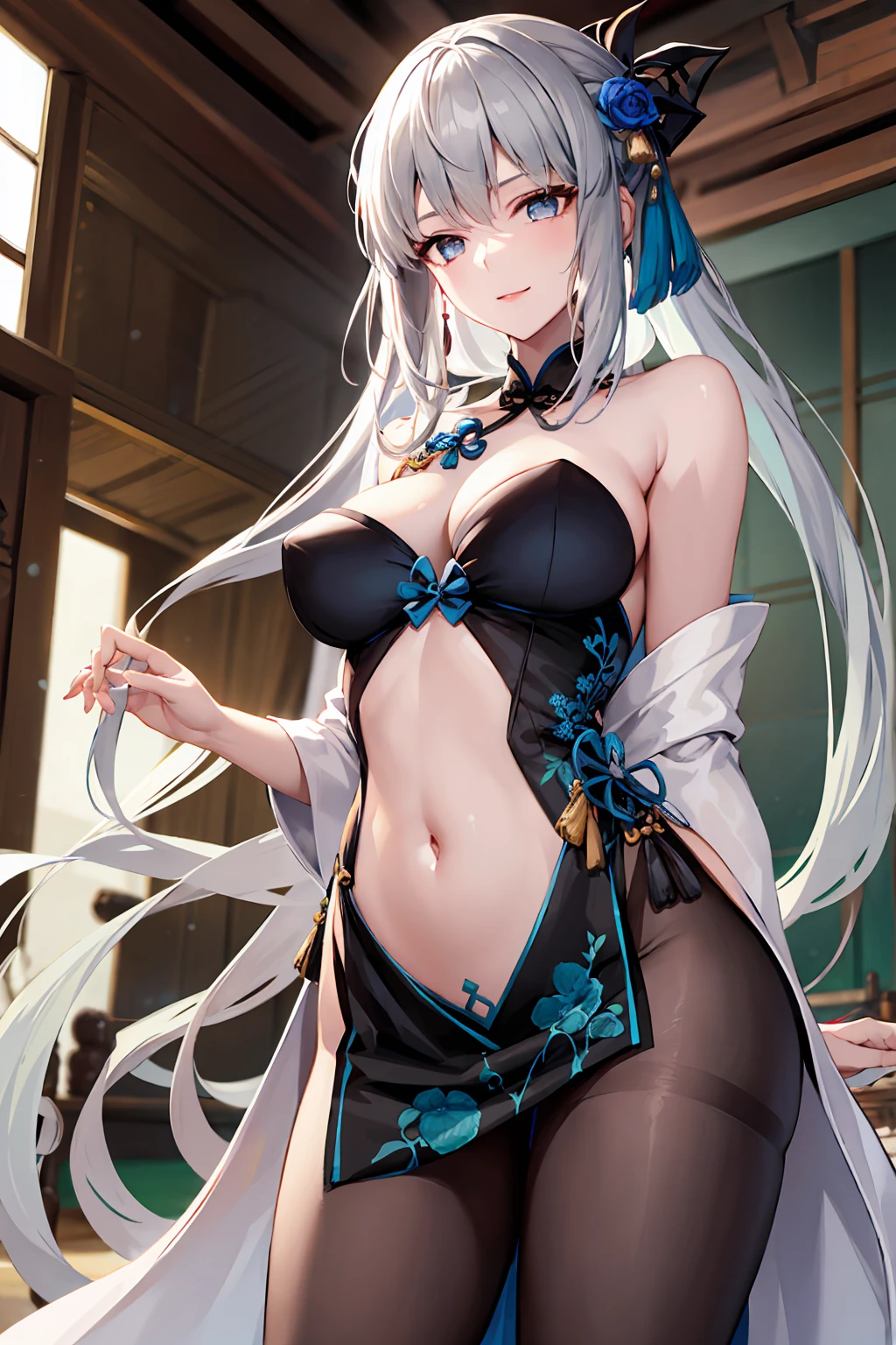 1个Giant Breast Girl!Ray traching,Best shadow,A high resolution(dim murky lights)detailedbackground(liveroom)Fluffy silver hair,plump and slender girl,Avoid golden eyes in the ominous living room(The girls all wore transparent white stockings),It shows a delicate and slender figure and beautiful curves,Limbs with correct and reasonable position!hand behind head,Stand dignified,detail in face!Delicate facial features,Pay attention to the details of the position of the legs!Pay attention to hand details!high high quality!More eligible!Reduce errors!Painting is more elaborate,Ultra-detailed CG,The picture is more reasonable!Pay attention to finger details!8k wallpaper,tmasterpiece,Double pupil details!Reduce binocular differences!Limit the number of fingers!