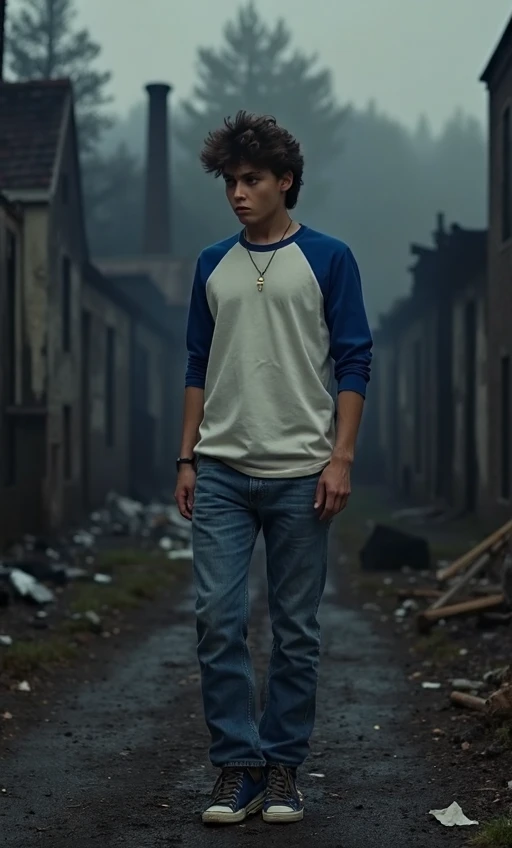Sad young boy dressed in a grey overalls, blood in the head,backrooms nivel 0