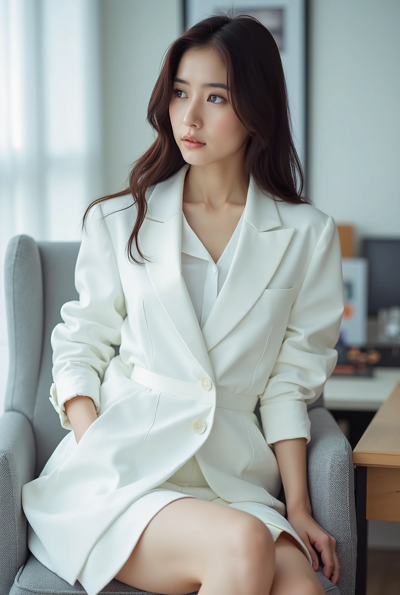 masterpiece, 8k, photorealistic, most beautiful Japanese woman, white business suit, ((white blouse)), (white jacket), (white skirt), upskirt, sitting on the chair, seductive pose, full body, modern office, slender