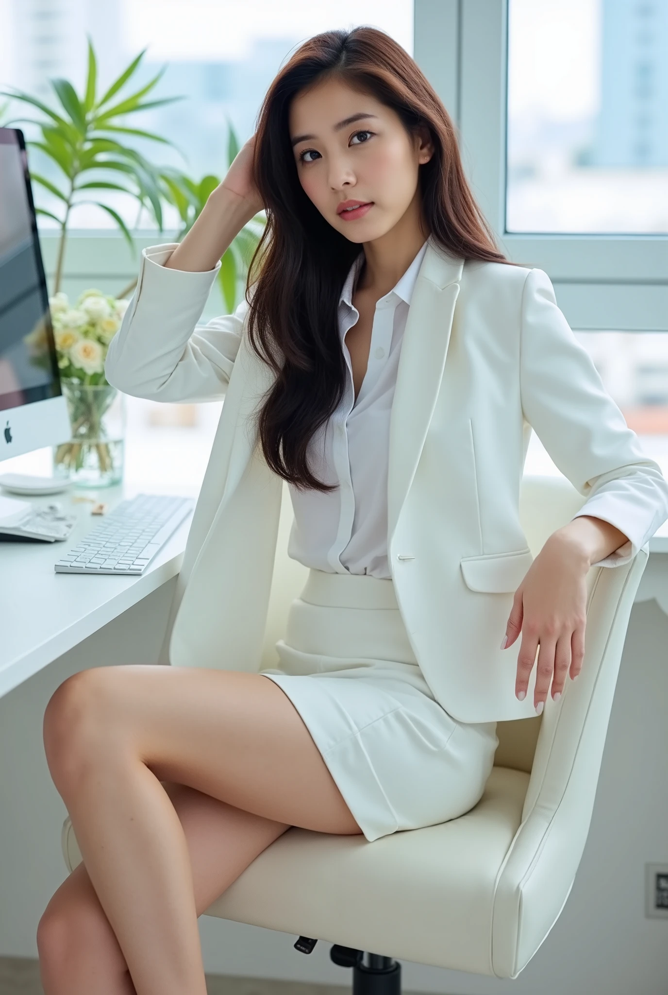 masterpiece, 8k, photorealistic, most beautiful Japanese woman, white business suit, ((white blouse)), (white jacket), (white skirt), upskirt, sitting on the chair, seductive pose, full body, modern office, slender