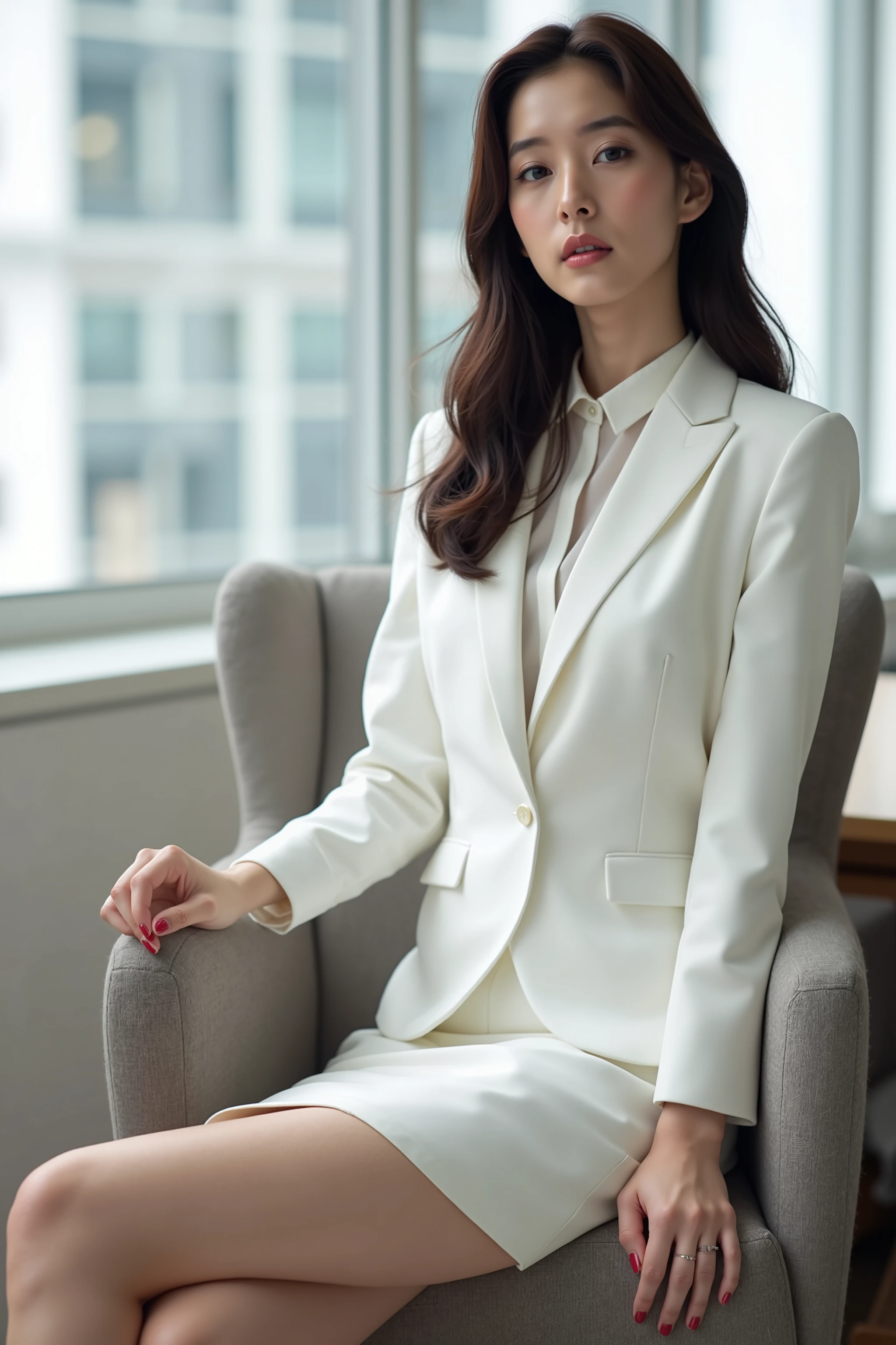 masterpiece, 8k, photorealistic, most beautiful Japanese woman, white business suit, ((white blouse)), (white jacket), (white skirt), upskirt, sitting on the chair, seductive pose, full body, modern office, slender