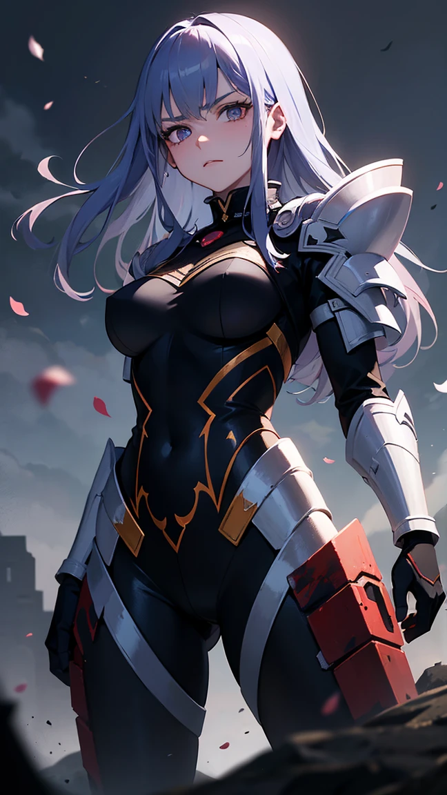 (masterpiece:1.2), (highest quality:1.2), 1girl, solo, purple-hair, long-hair, breasts, armor, cleavage, large-breasts, helmet, open-mouth, smile, boots, purple-eyes, gauntlets, very-long-hair, thighhighs, blue-eyes, full-body, red-armor, looking-at-viewer, blush, thigh-boots, simple-background, armored-boots,
