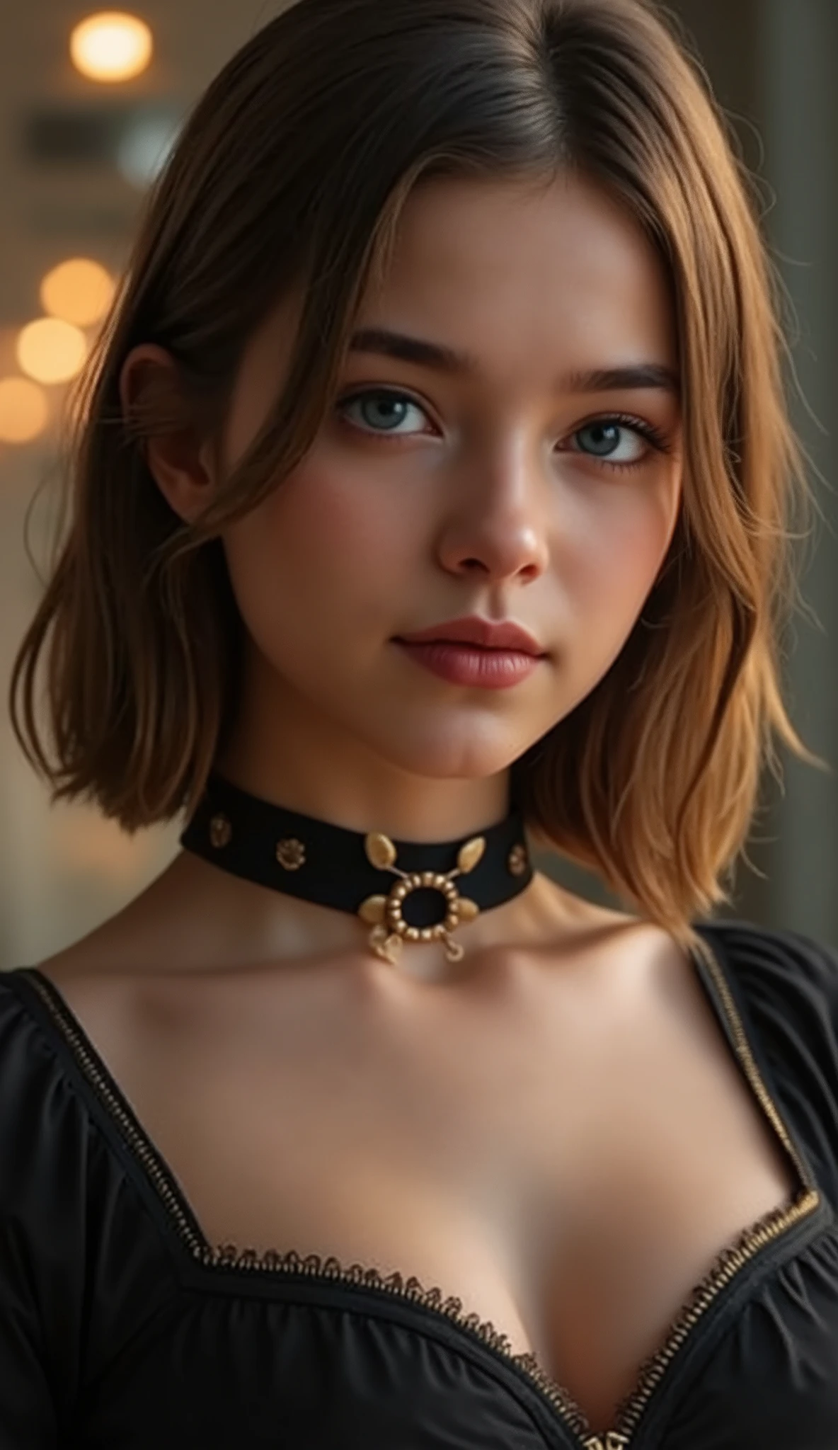 🌟 quality & silent: whole head down to below the chest, four sided view, masterpiece, 8k, ultra high resolution, Gothic art, very detailed, natural lighting, SLR lighting, SLR camera , Fujifilm XT3, film grain, Sharp concentration, perfect lighting. 🌌 Scene & background: different backgrounds: Sifi space station, cyberpunk, with warm, golden hues . A dark, mysterious forest with moonlight, that falls through the trees. A luxurious bedroom with candlelight and silky curtains. Ein urbaner background mit Neonlichtern und regennassen Straßen. 😈 model & Styling: wild young girl, Fiery red hair, various hairstyles such as smooth shiny bob haircut, and bright blue eyes , glowing blue eyes, She is wearing a lightweight, silk corset with deep neckline. choker 🔥 Pose & Mood: Different poses ( direct , front, looking to the side ) and angle of view (from the side, from above, from below), Different sensual facial expressions: she looks directly at the camera , that is loosely falling or styled in various poses. She opens her lips slightly, with a playful and tempting look. She tilts her head slightly to the side, with a dreamy and sensual expression. She looks over her shoulder, with a mysterious and intense look. Die Mood ist sinnlich, seductive and full of emotions. 💋